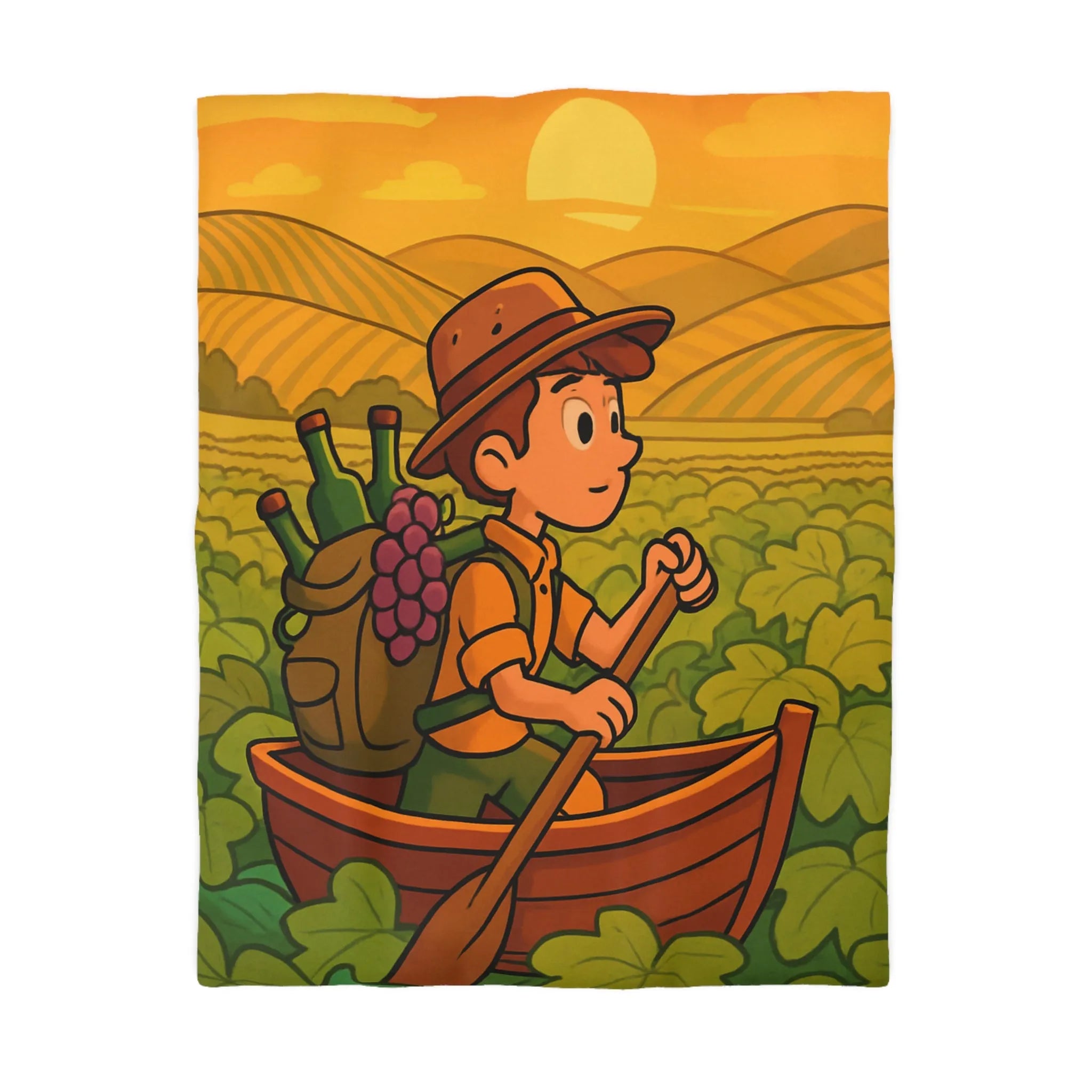 Housse de couette colorée avec paysage de vignoble et enfant en bateau