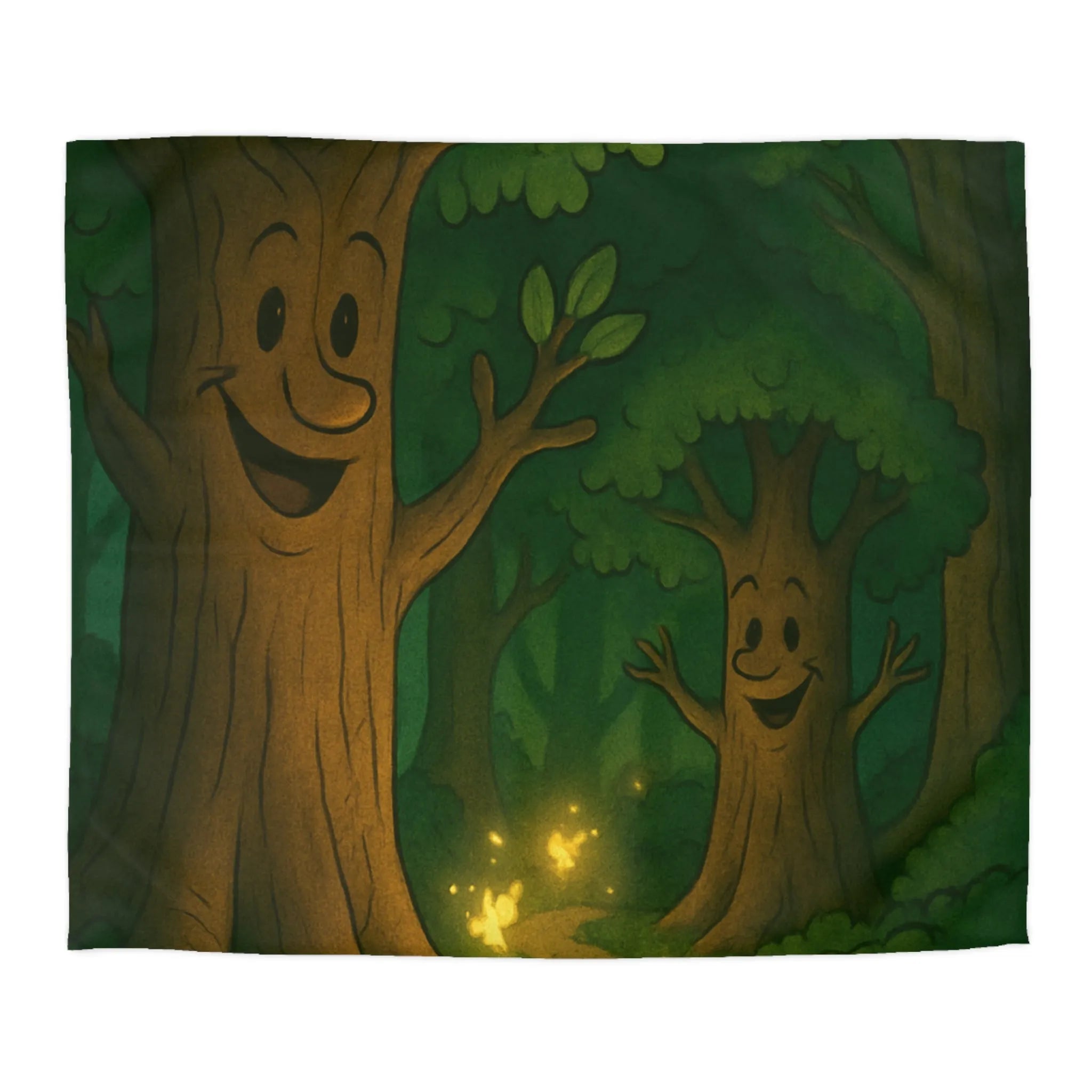 Enchanting Cartoon Forest Scene with Smiling Trees and Glowing Fireflies at Night