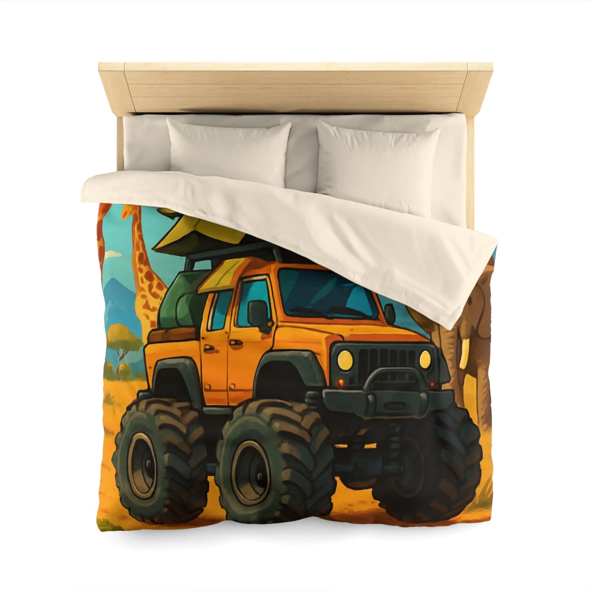 Housse de couette colorée avec véhicule tout-terrain et animaux dans la savane africaine