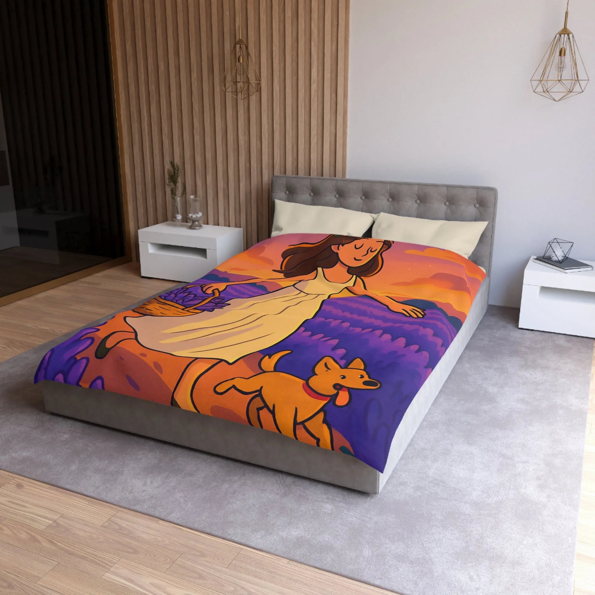 Housse de couette avec design fille et chien dans champ de lavande au coucher du soleil