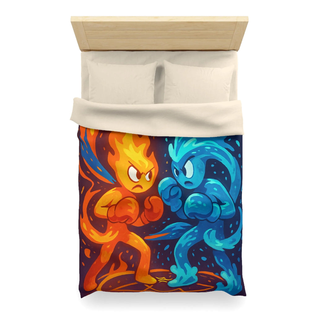 Housse de couette avec illustration dynamique de feu et eau s'affrontant