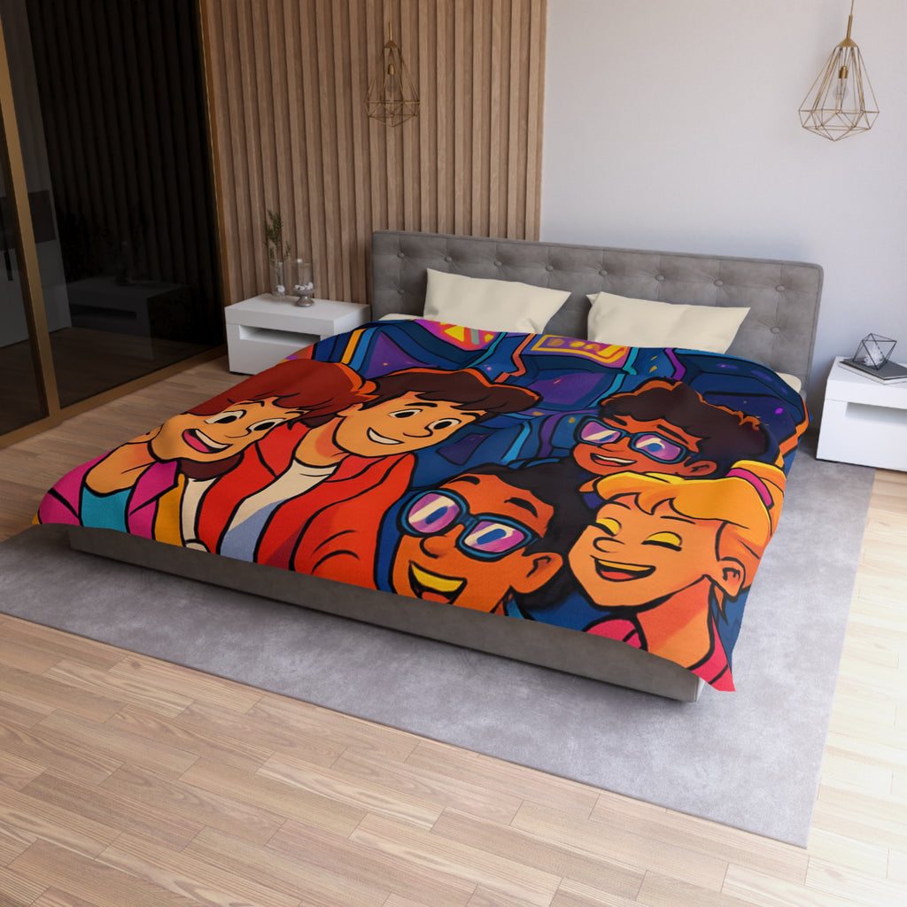 Housse de couette vibrante années 80 avec motifs arcades et ambiance rétro lumineuse