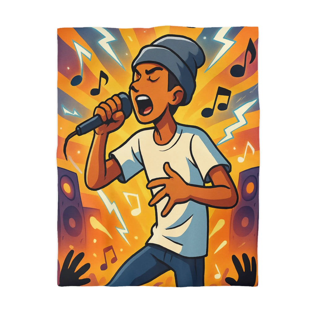 Housse de couette ambiance concert urbain avec chanteur et éclairs musicaux colorés