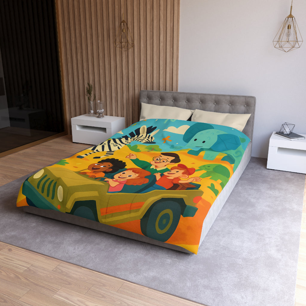 Housse de Couette Safari Éducatif avec Animaux Colorés et Enfants en Aventure