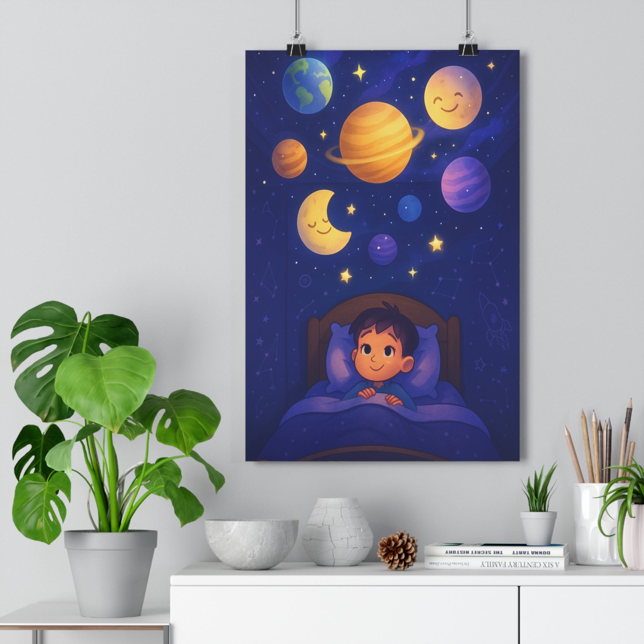 Poster décoratif enchanté céleste enfant chambre dessin animé bleu jaune violet rêve apaisant qualité