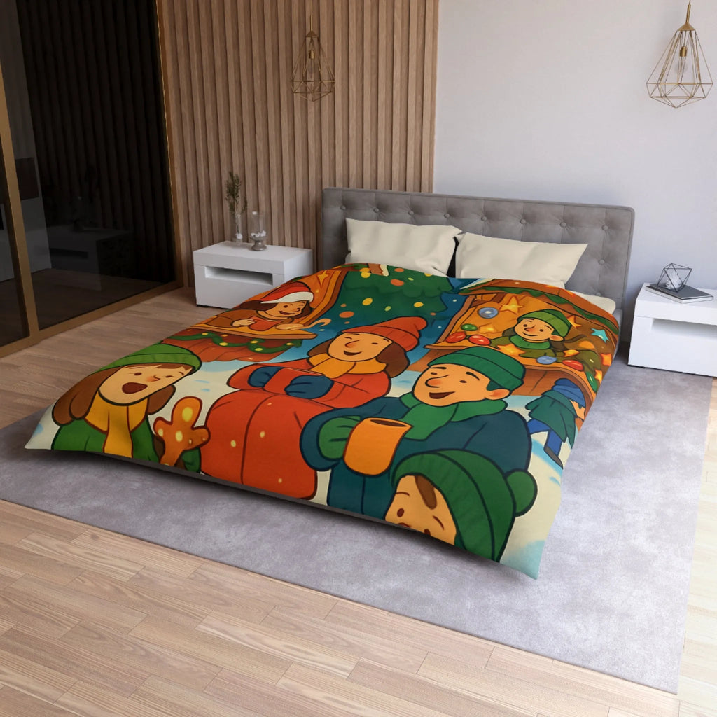Housse de couette chaleureuse illustrant une scène festive de marché de Noël joyeux