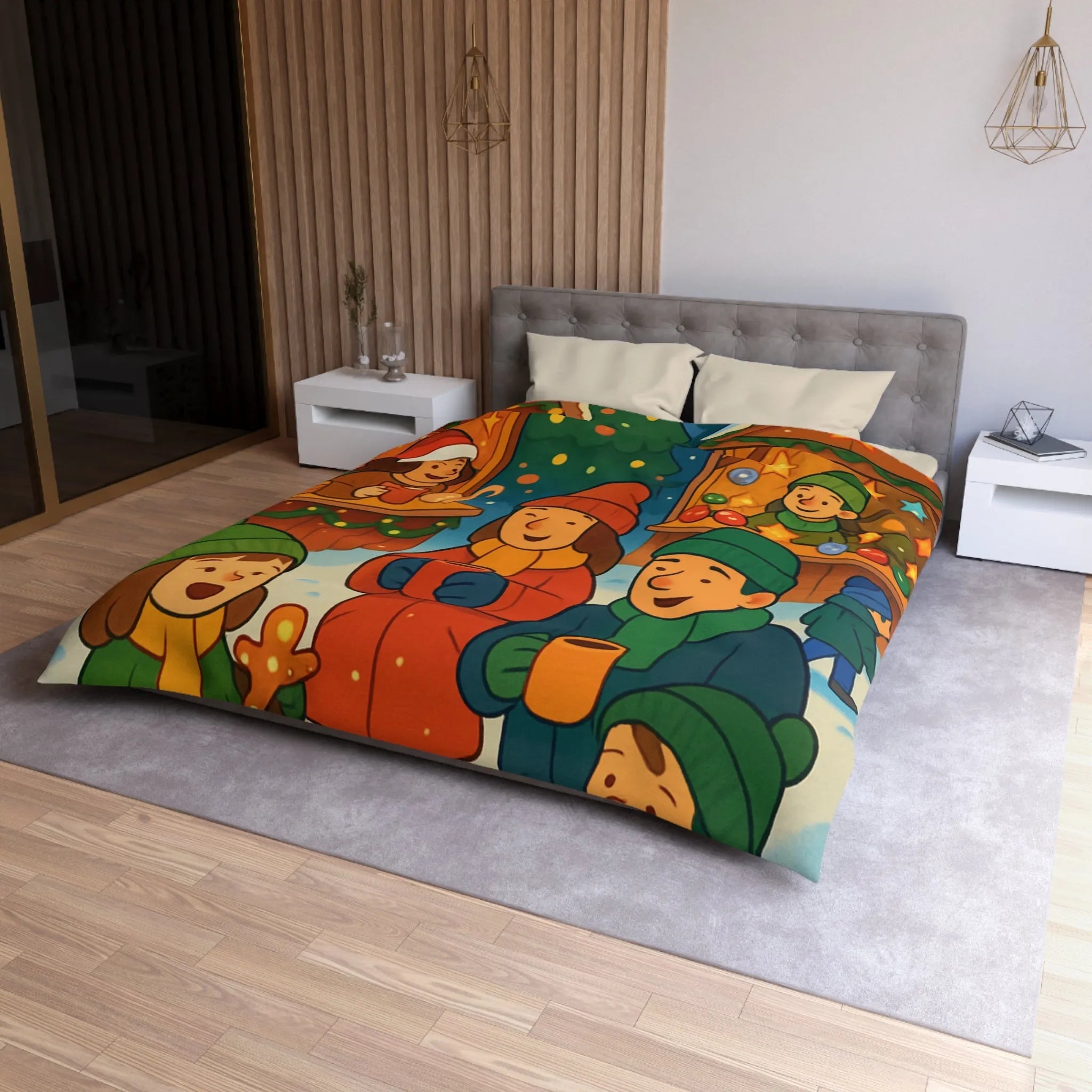 Housse de couette chaleureuse illustrant une scène festive de marché de Noël joyeux