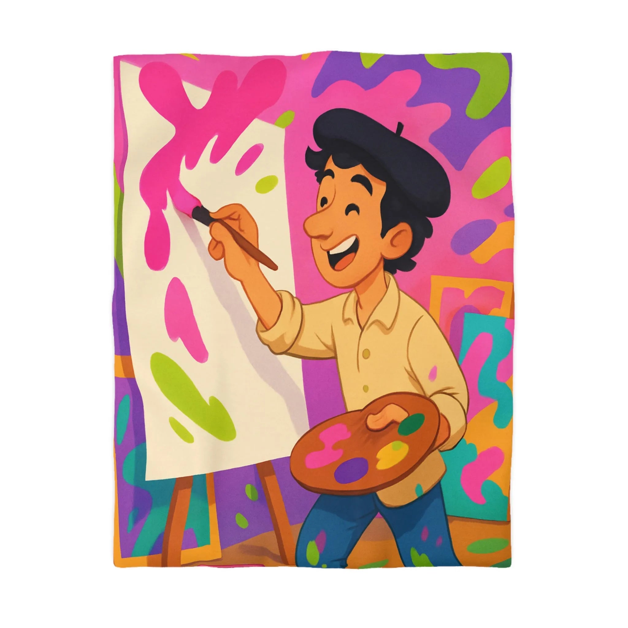 Housse de couette colorée avec artiste joyeux peignant des éclaboussures lumineuses abstraites