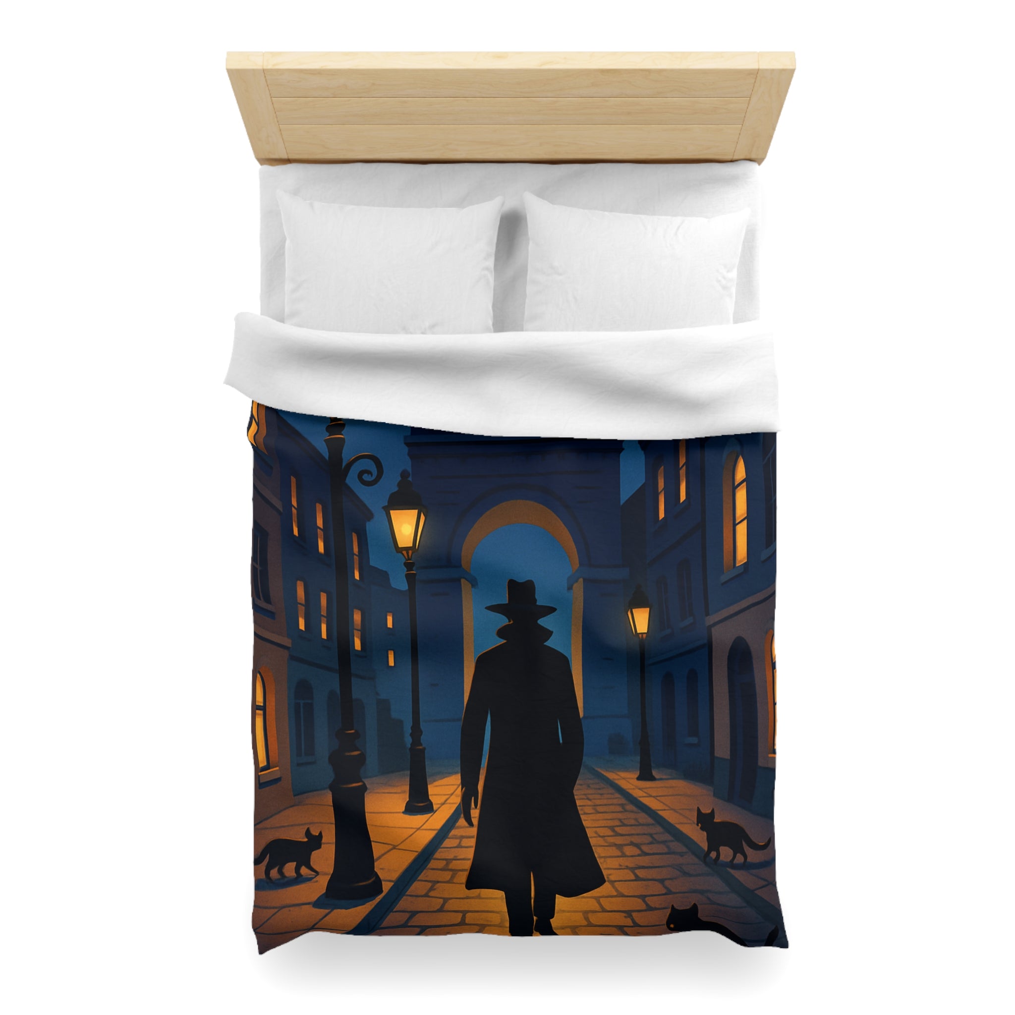 Housse de couette noire mystérieuse, silhouette d'homme avec chats et lampadaires nocturnes