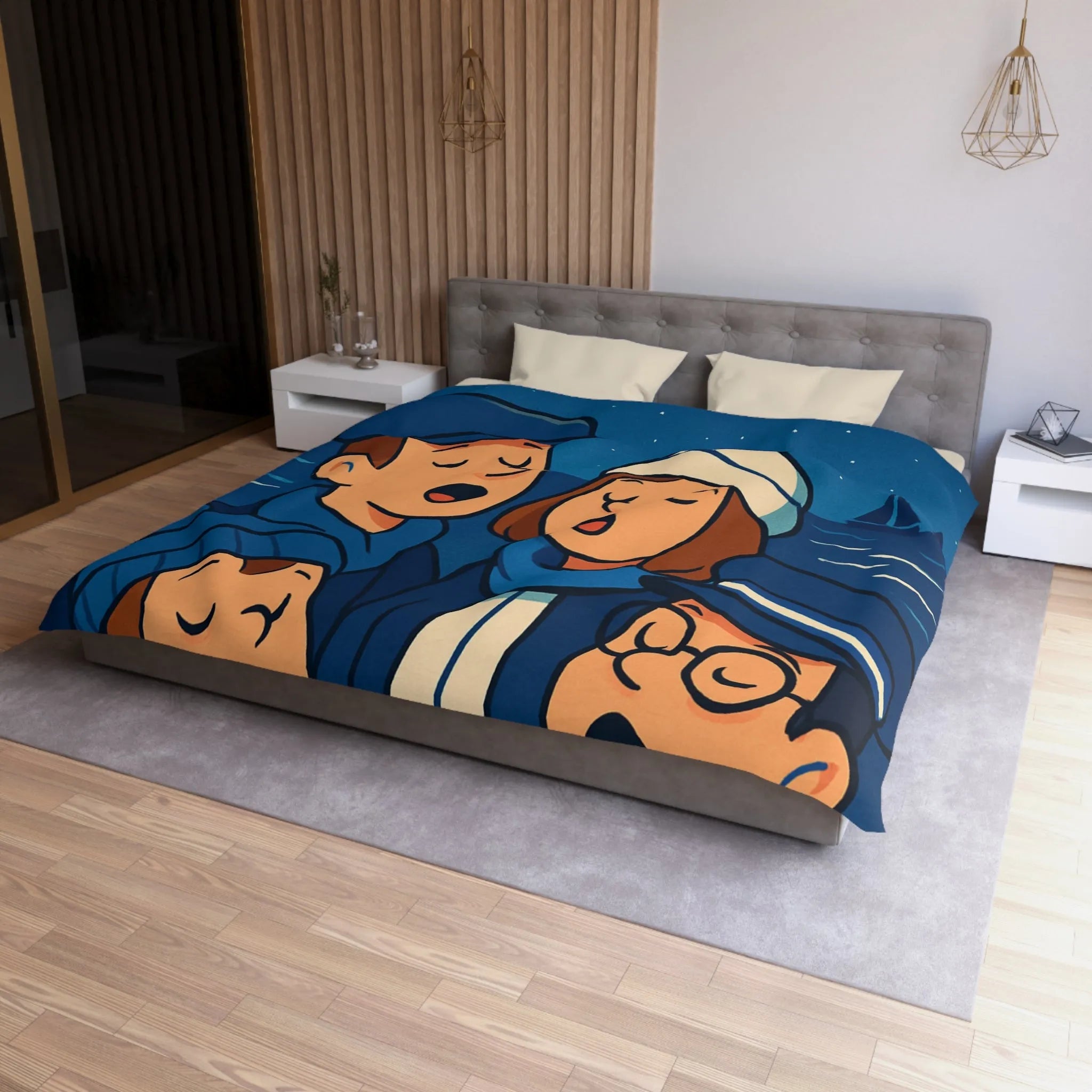 Housse de couette avec illustration nautique vintage de chanteurs sous un ciel étoilé