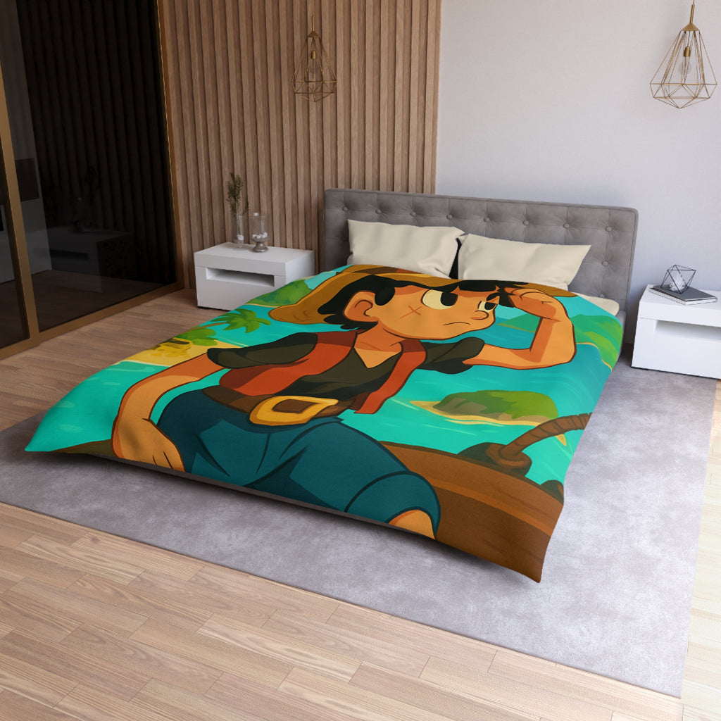 Housse de couette tropicale enfant avec pirate aventurier sur fond d'île paradisiaque