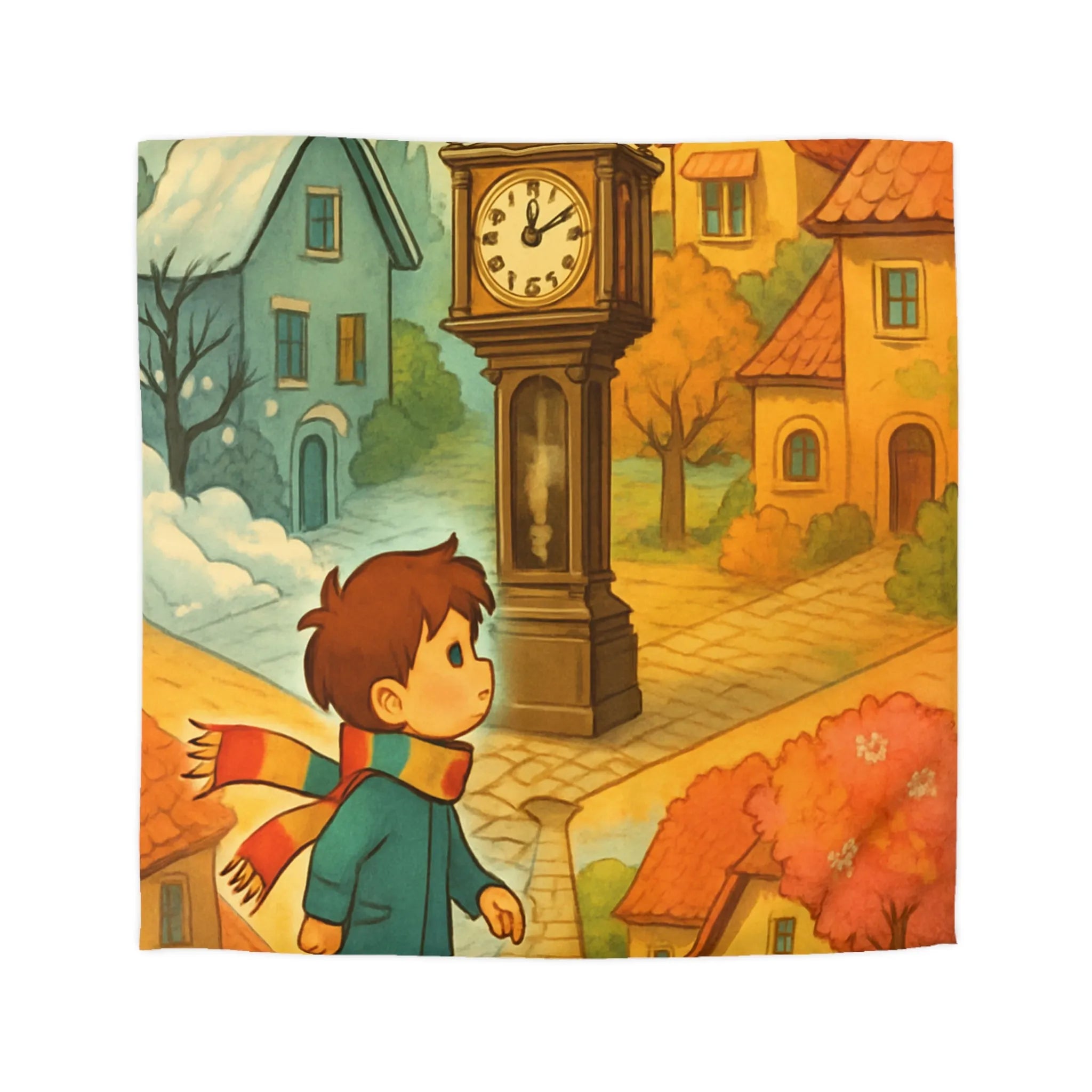 Housse de Couette Enfant Colorée avec Scène Enchanteresse de Village et Horloge Fantaisiste