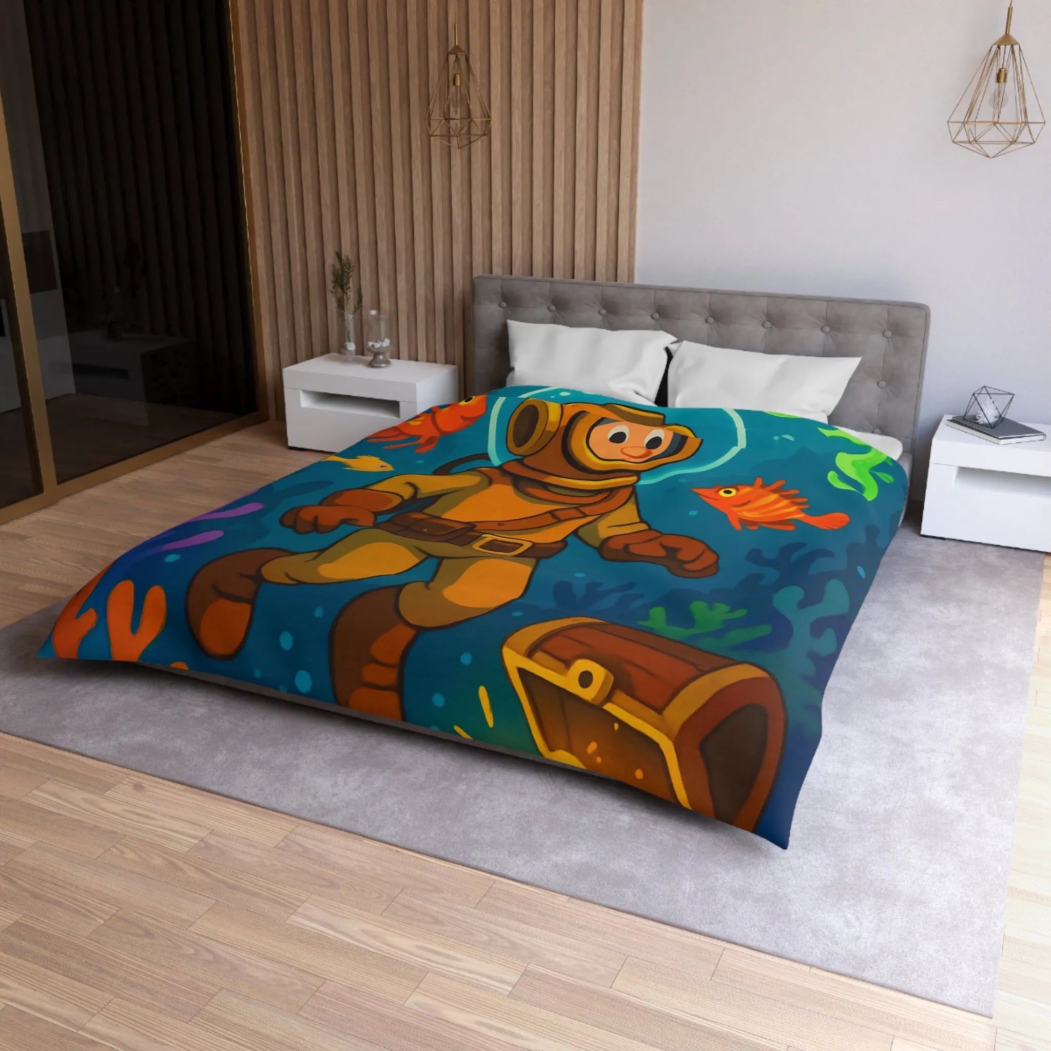 Housse de couette enfant aventure sous-marine avec plongeur et trésor coloré en dessin animé