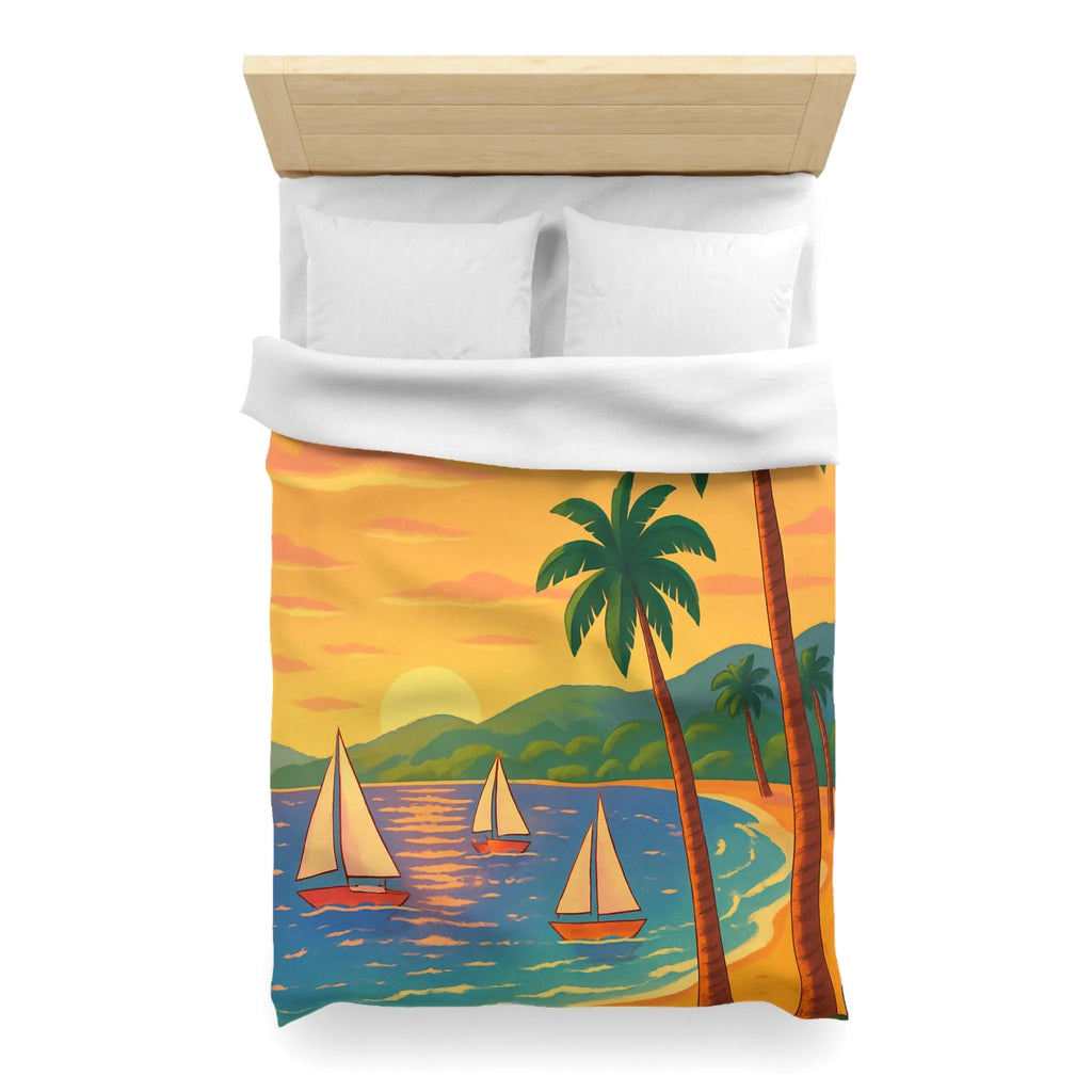 Housse de couette avec motif tropical, plage, palmiers et voiliers au coucher de soleil