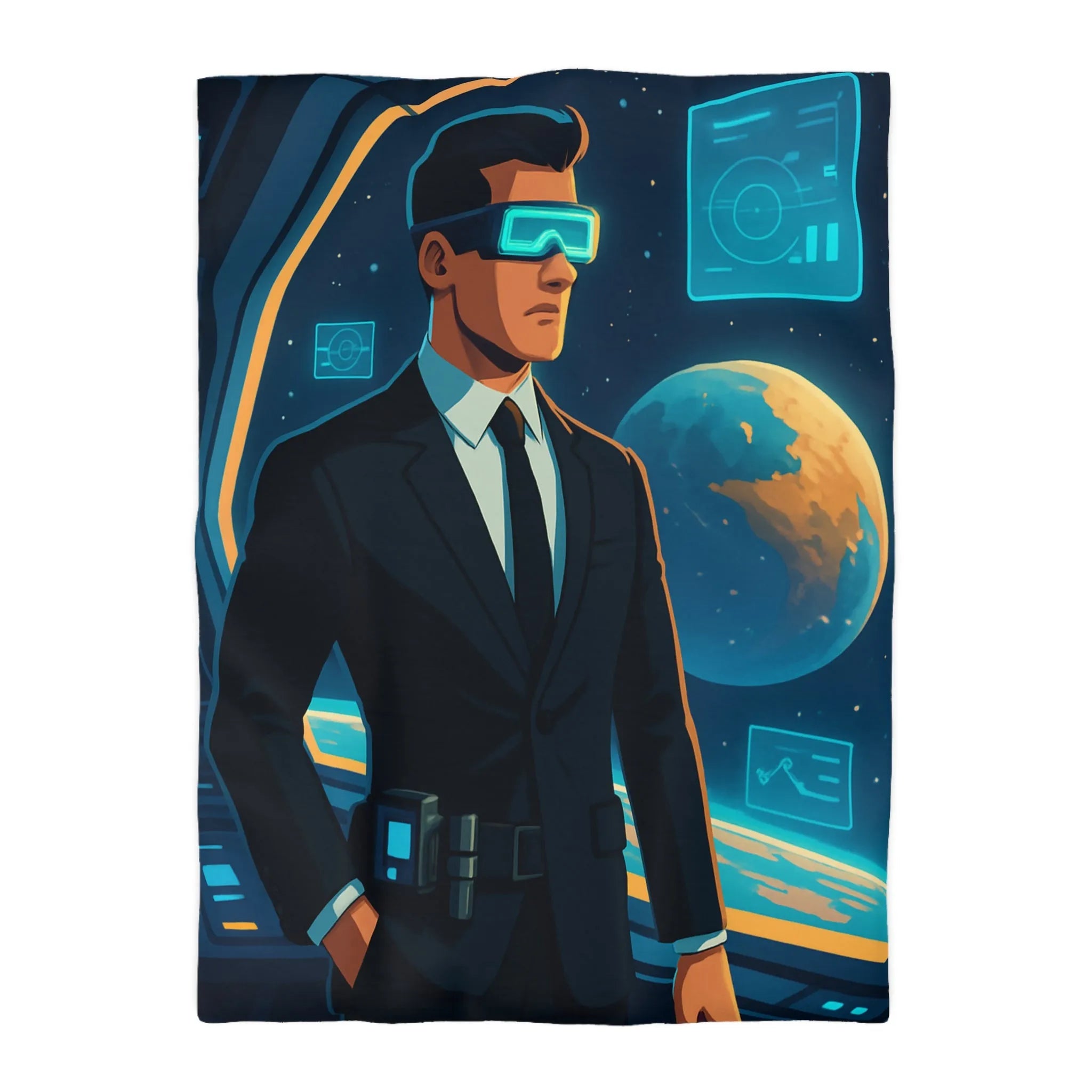 Housse de couette futuriste avec agent spatial et paysages cosmiques numériques immersifs