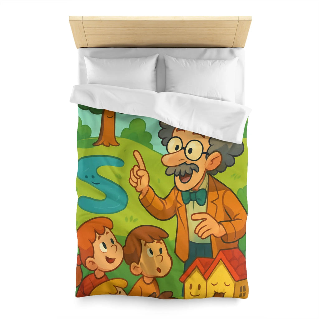 Housse de couette colorée avec un professeur et enfants dans un paysage enchanteur