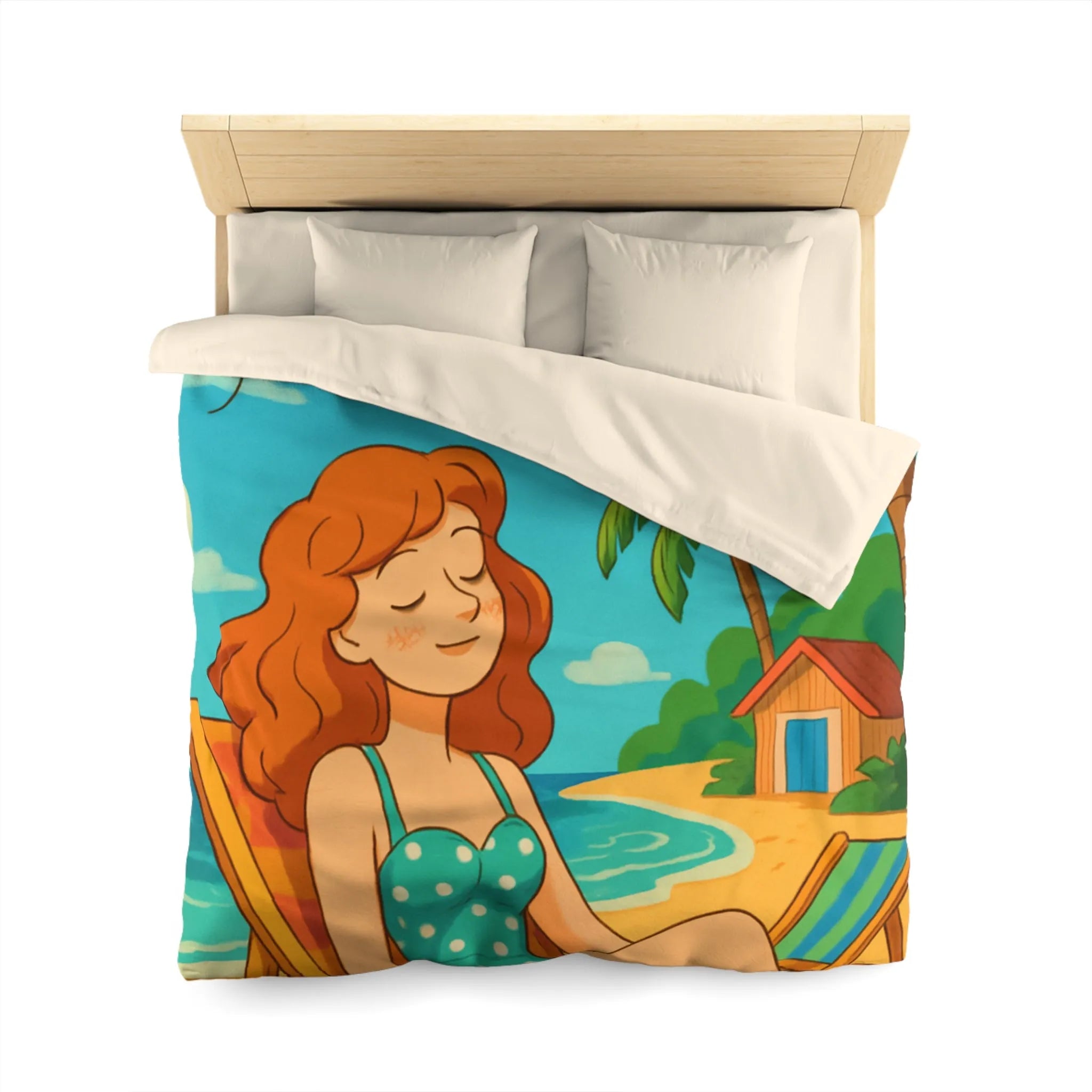 Housse de couette illustrée plage relaxante avec fille et cerf-volant coloré