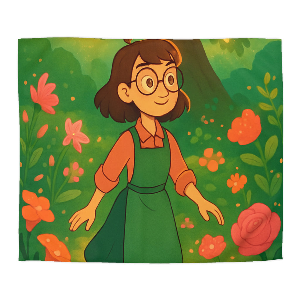 Housse de Couette Motif Pastoral Fille Promenade Fleurie Arbre Lumières Magie Enchantée