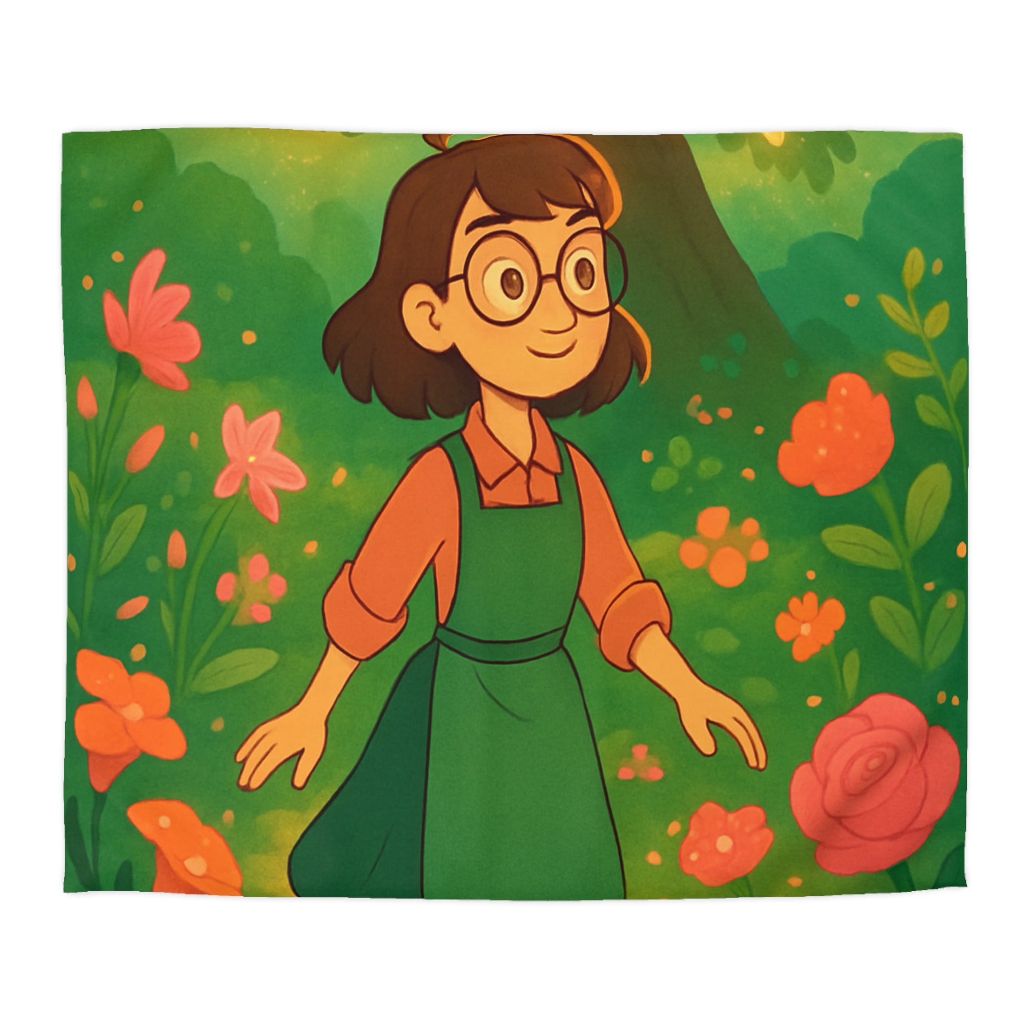 Housse de Couette Motif Pastoral Fille Promenade Fleurie Arbre Lumières Magie Enchantée