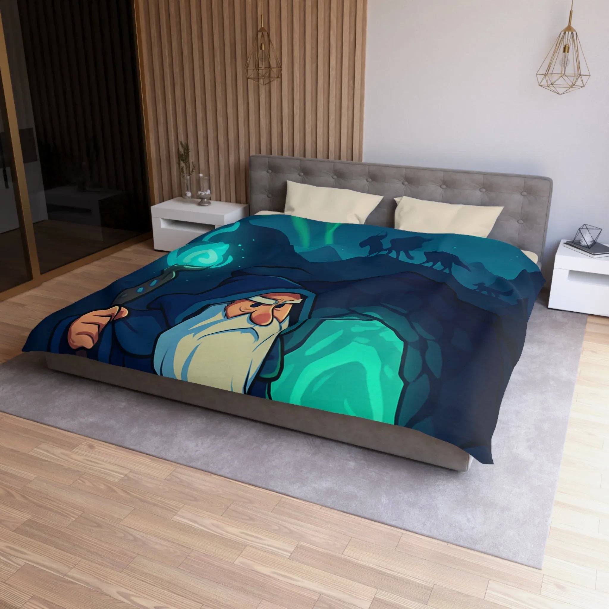 Housse de couette avec illustration de sorcier sous une aurore boréale et pleine lune