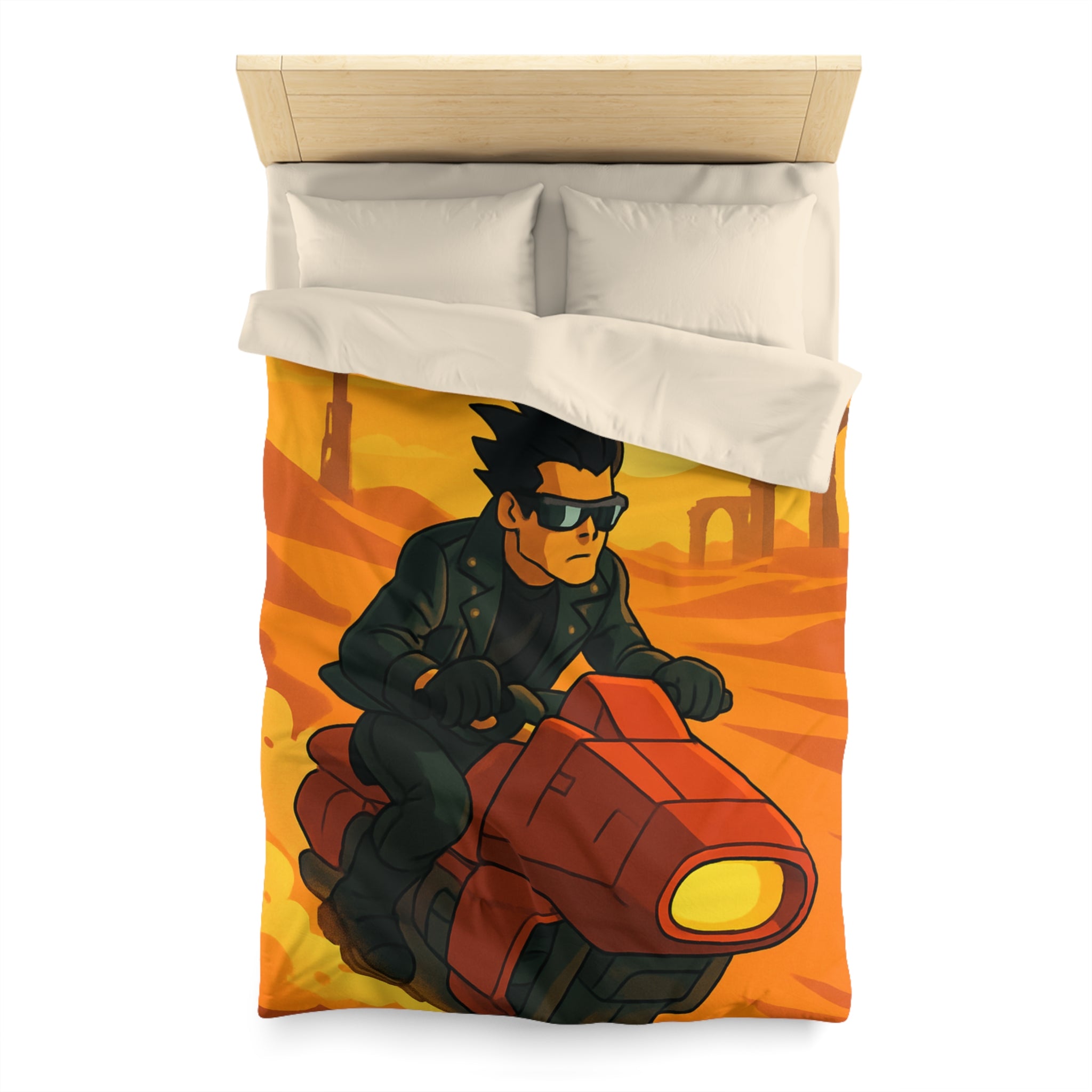 Housse de couette moto futuriste sur désert orangé avec soleil couchant et ruines