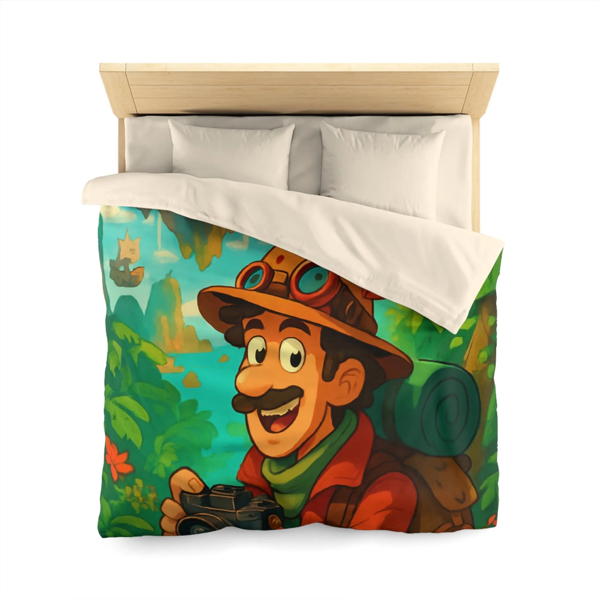 Housse de couette illustrée avec explora-monde et château volant dans jungle exotique