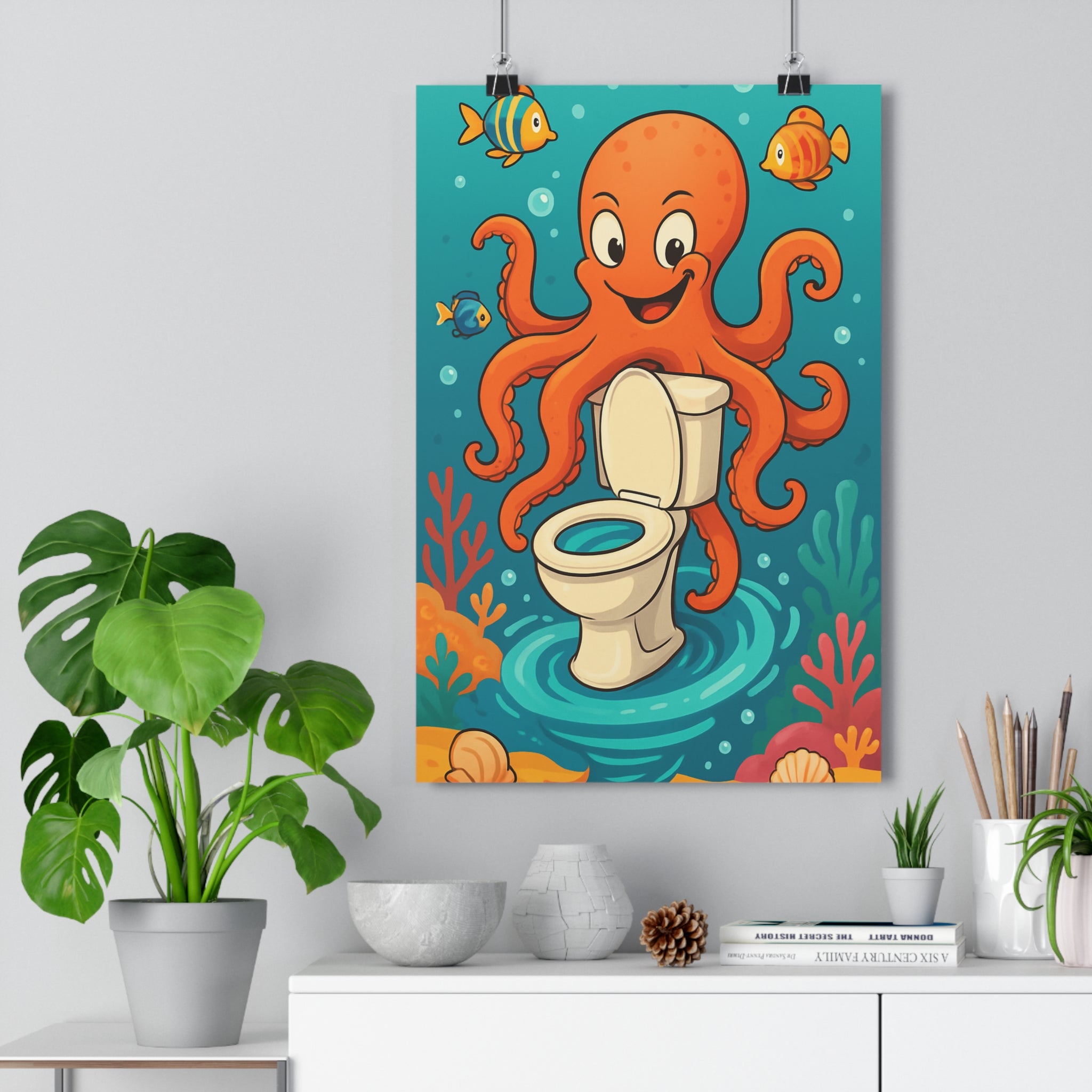 Poster décoratif cartoon bleu orange toilettes enfant humoristique pieuvre poisson coloré ludique joyeux amusant