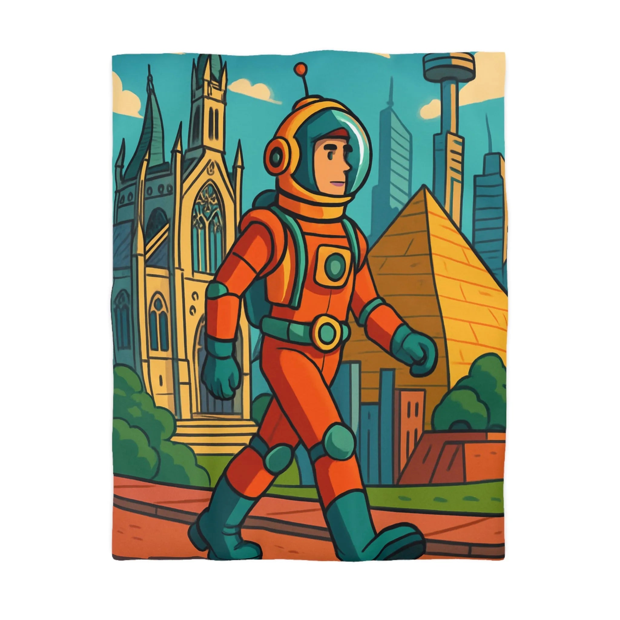 Housse de Couette Astronaute avec Paysages Urbains et Architecturaux, Couleurs Vives et Design Moderne