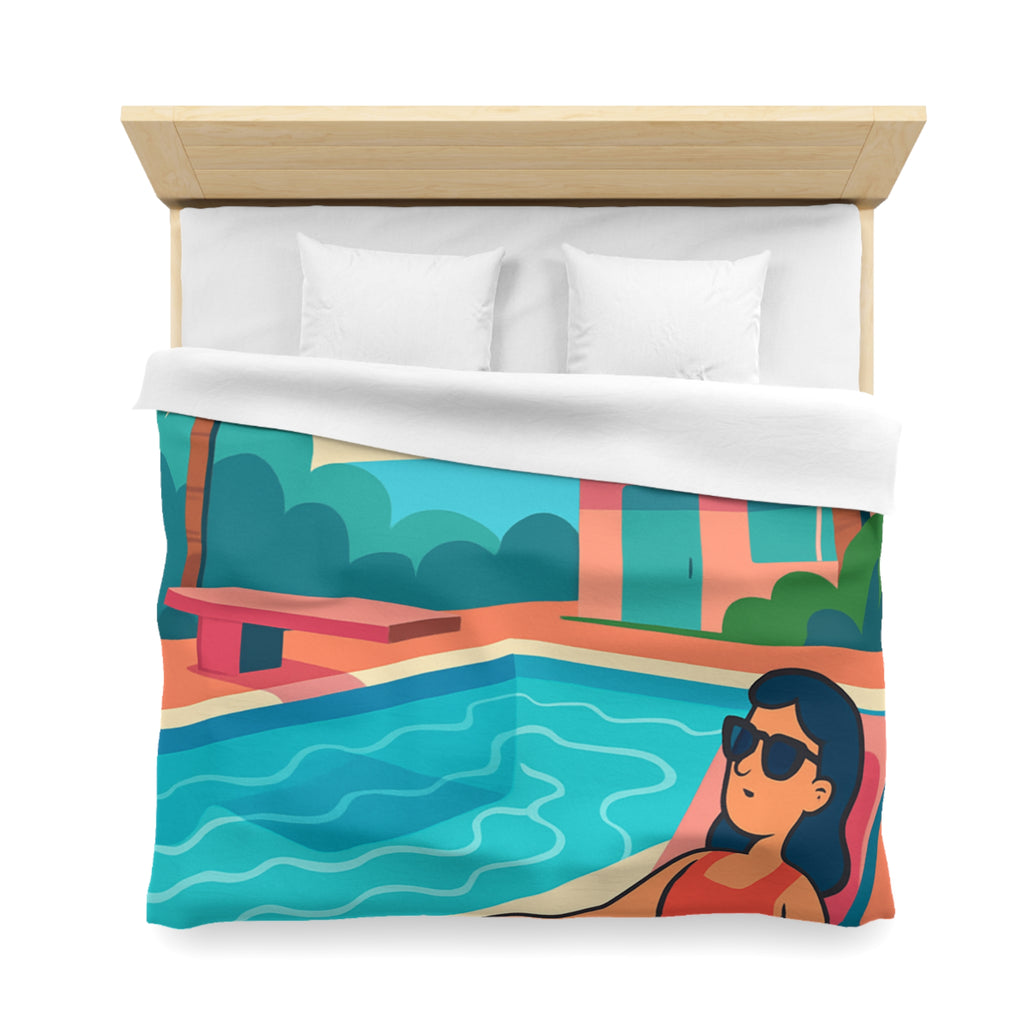 Vibrante housse de couette avec illustration de piscine et palmiers ambiance tropicale