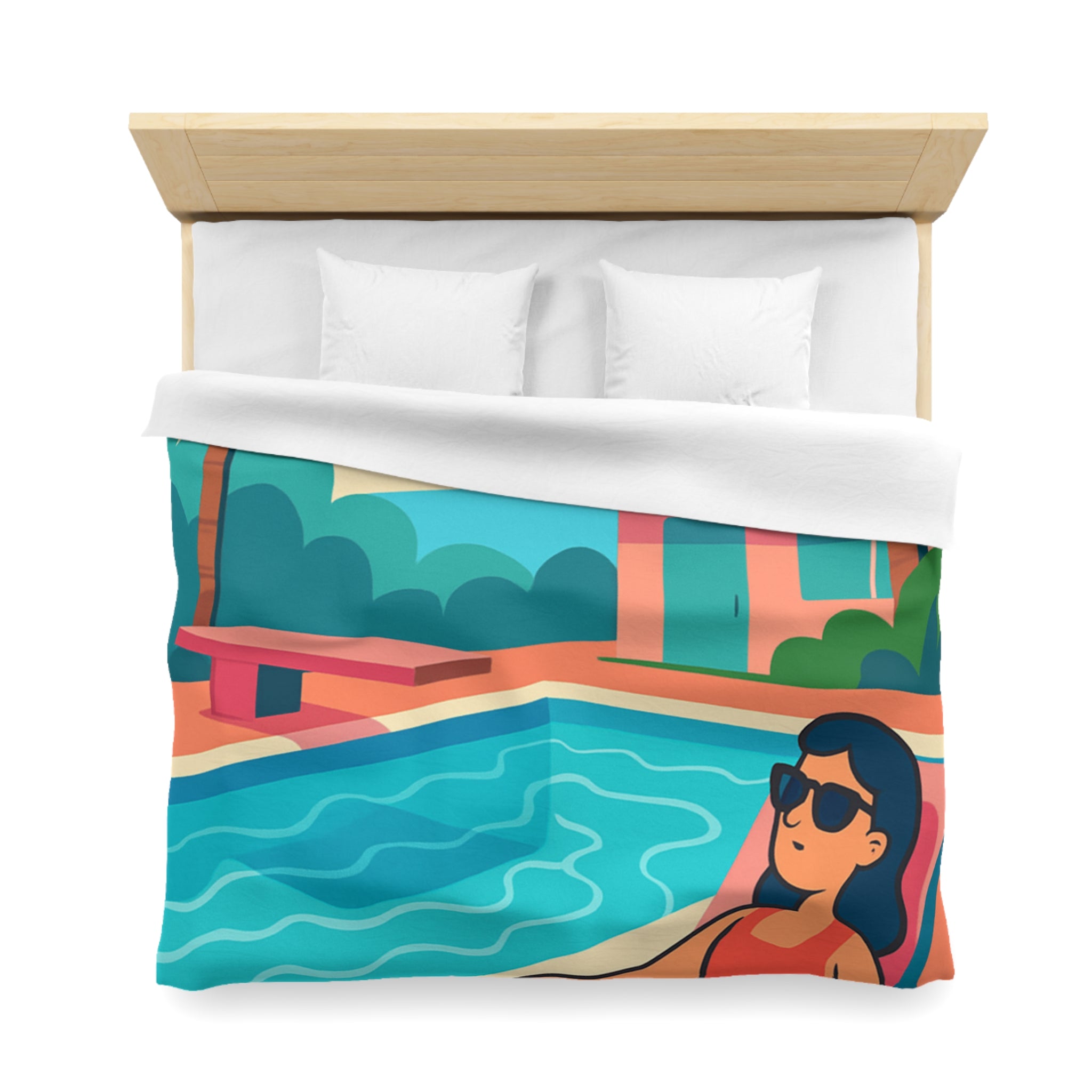 Vibrante housse de couette avec illustration de piscine et palmiers ambiance tropicale