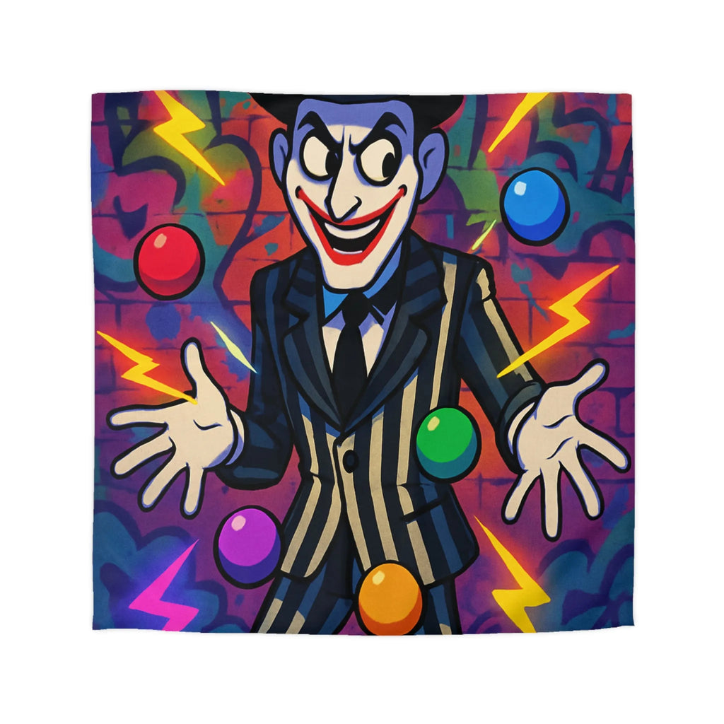 Housse de couette clown rayé jonglant avec des éclairs et des formes colorées