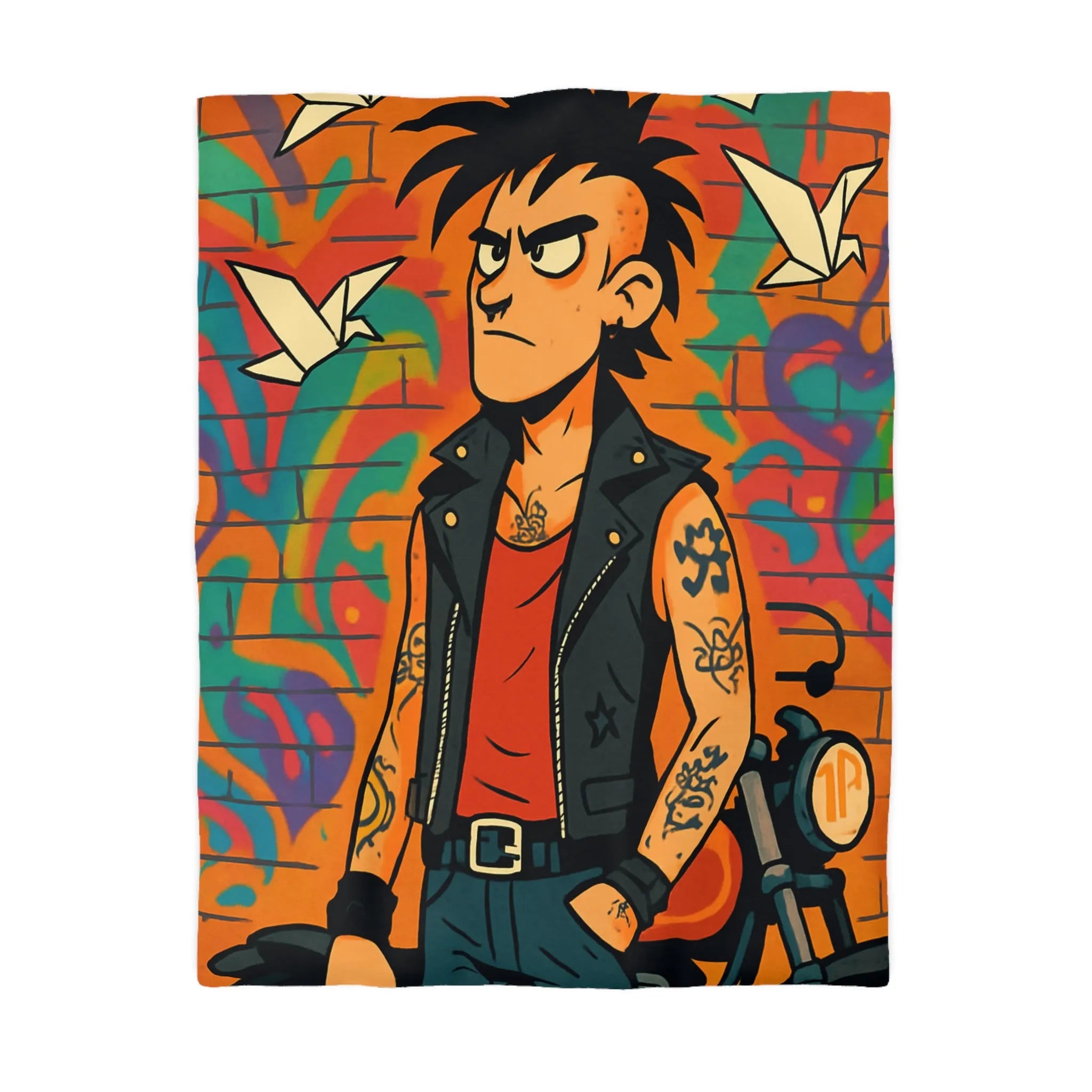 Housse de couette avec imprimé punk, moto et graffitis, ambiance urbaine colorée