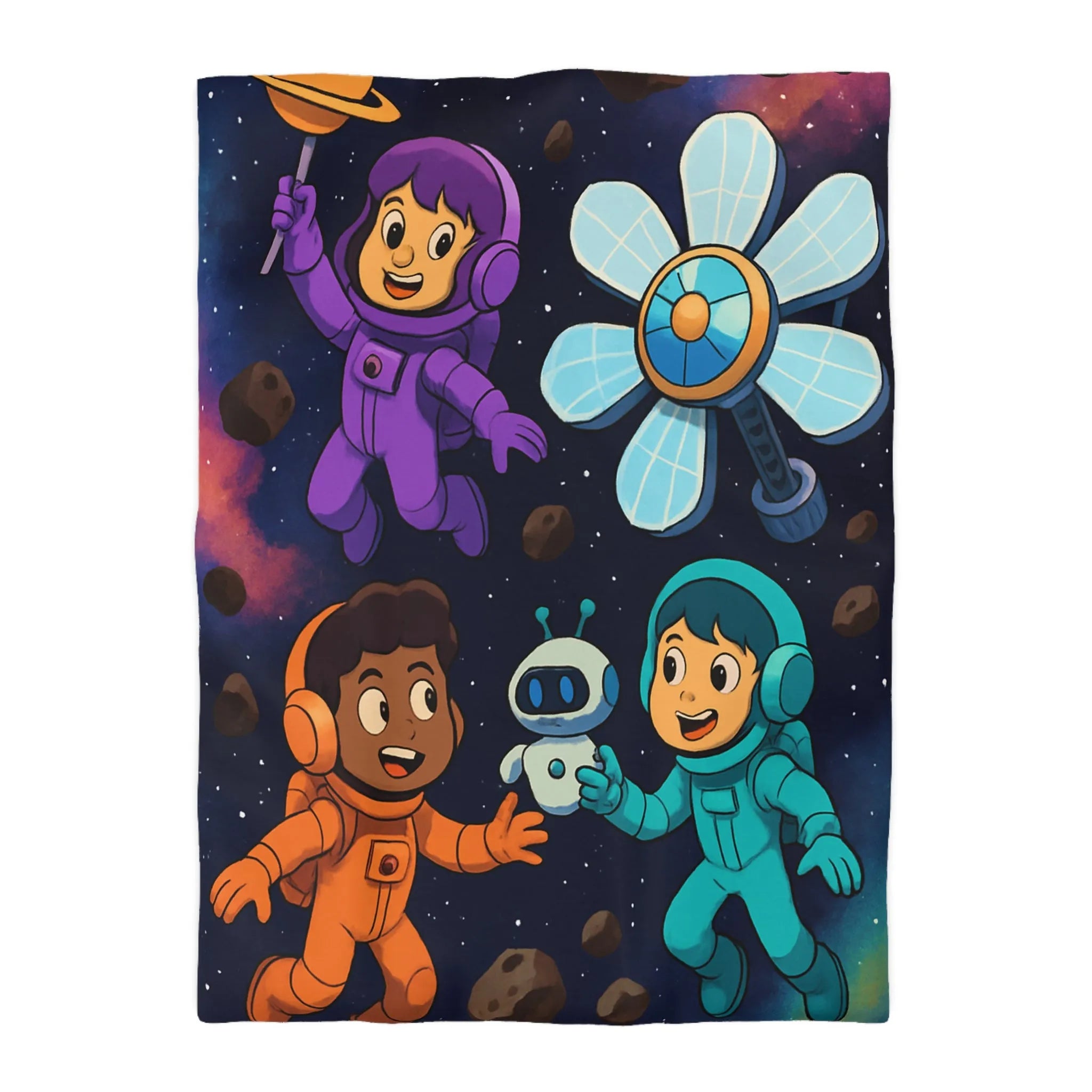 Housse de couette inspirée espace enfants, astronautes colorés, étoiles et planètes joyeuses