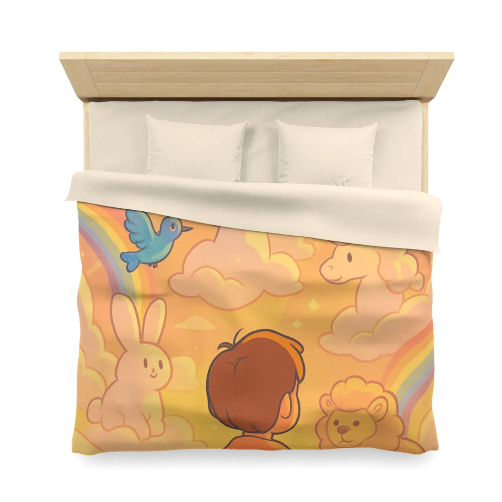 Housse de Couette Enfantine avec Licornes, Lapins et Oiseaux dans les Nuages Pastels