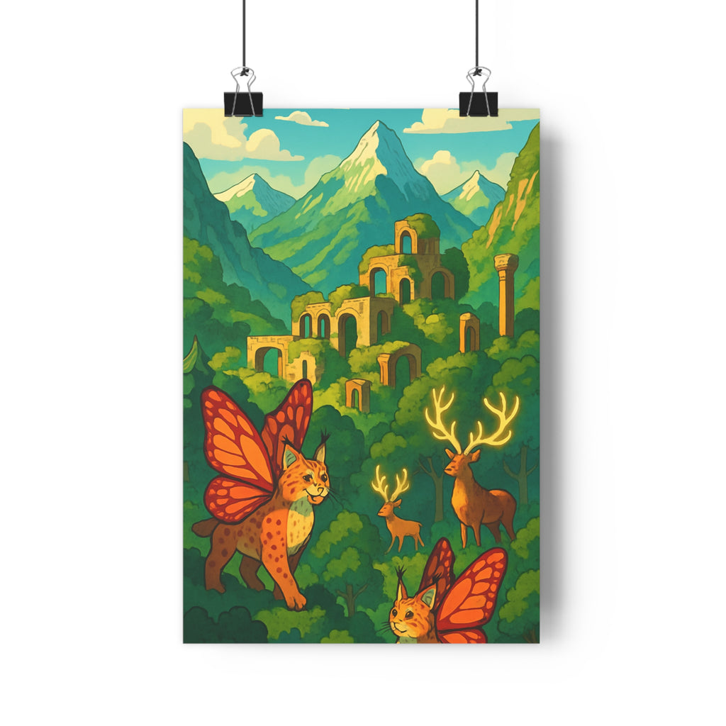 Poster décoratif cartoon bleu vert montagne forêt magique salon chambre ambiance fantastique enchantée majestueux