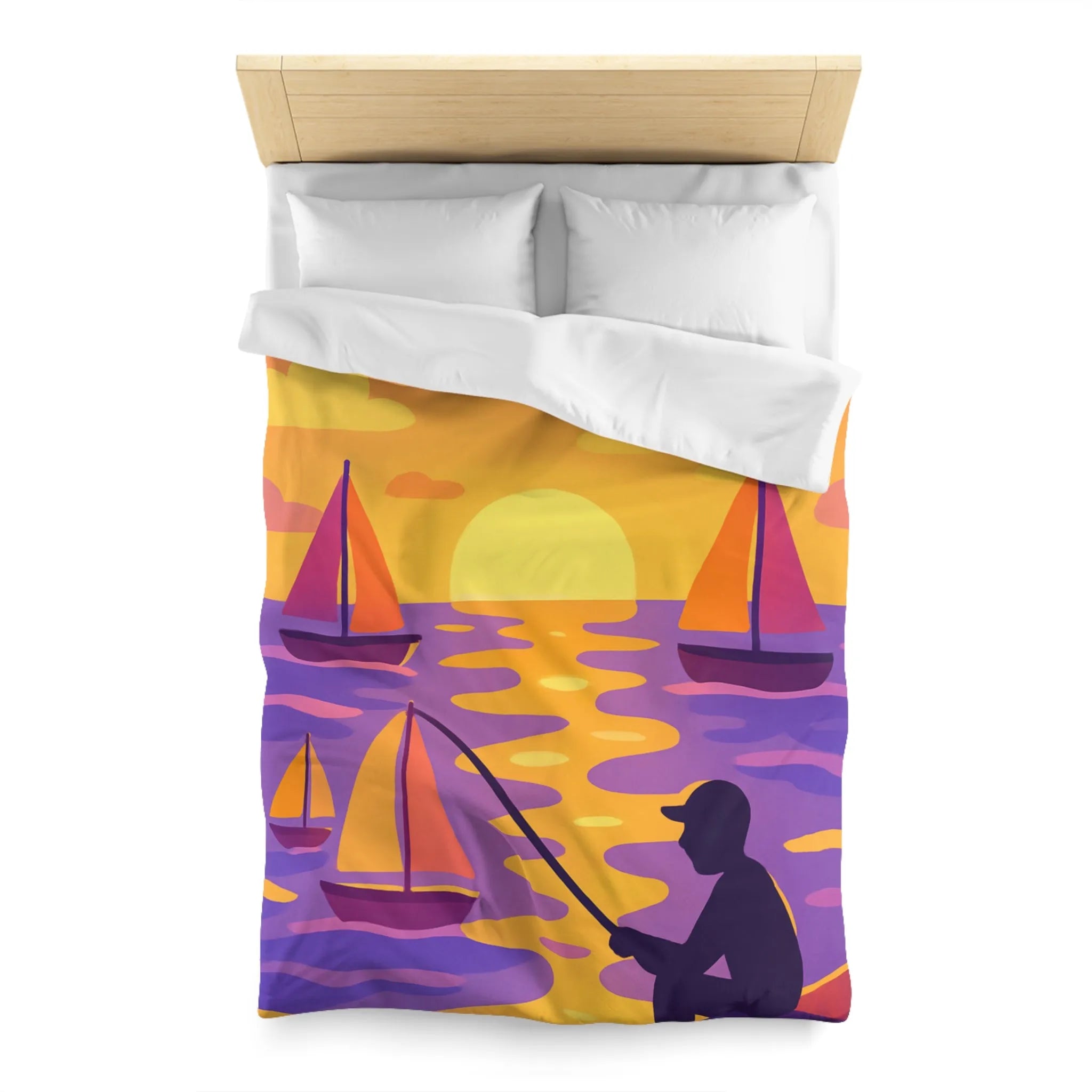 Housse de couette colorée avec voiliers et coucher de soleil magnifique au bord de l'eau