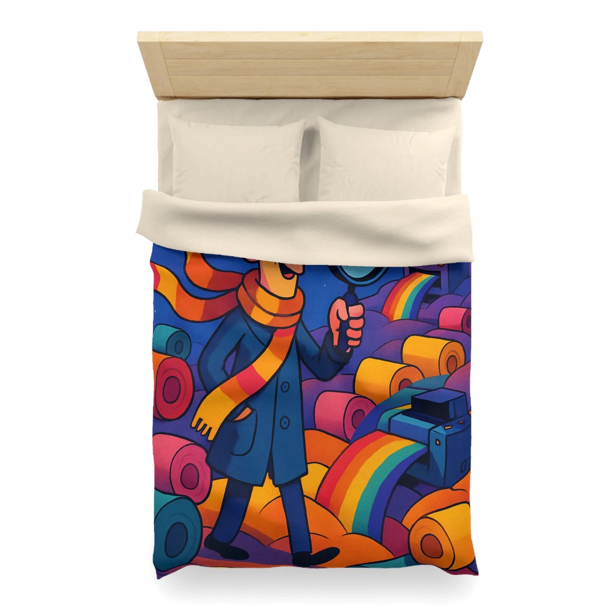 Explorez les couleurs et mystères sur housse de couette lumineuse avec détective fantaisiste