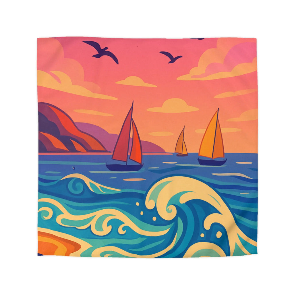 Housse de couette colorée avec paysage marin, voiliers et coucher de soleil vibrant