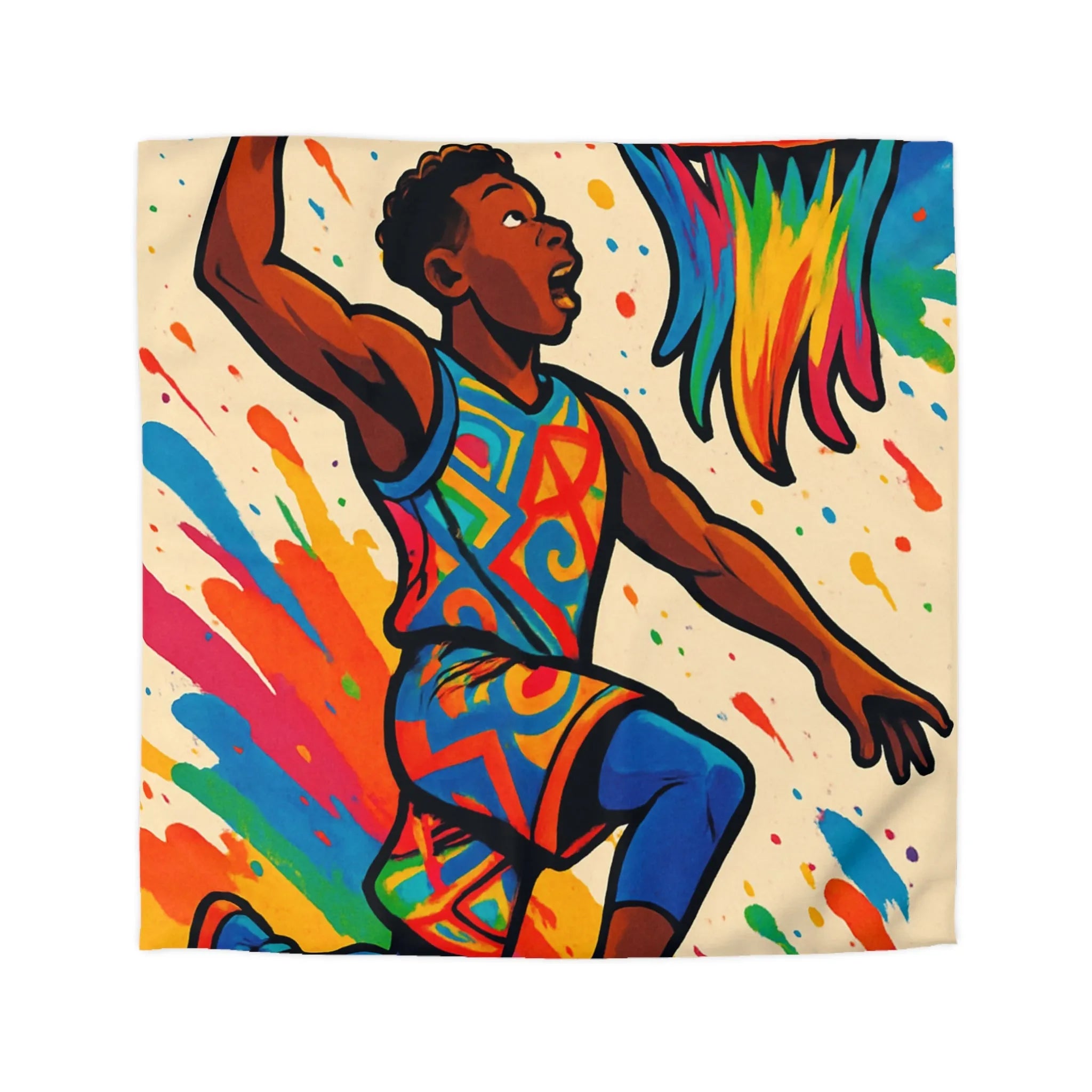 Housse de Couette Basket Éclatante : Athlete en Action avec Arc-en-Ciel Coloré