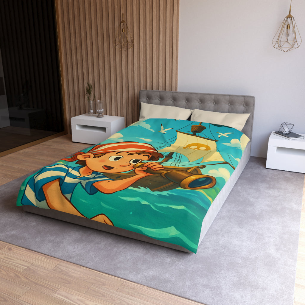 Housse de Couette Pirate Enfantine avec Bateau et Jumelles pour Chambre Aventure