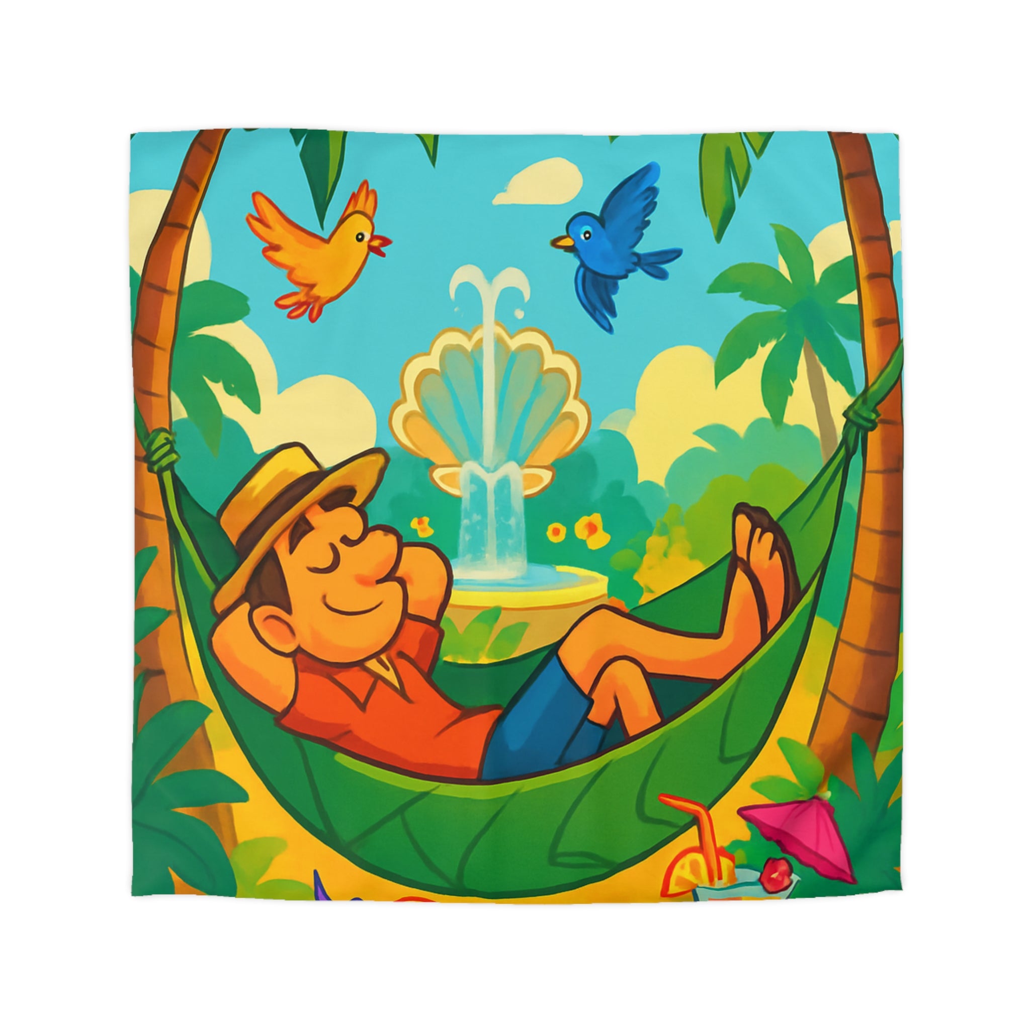 Housse de Couette Tropicale Colorée avec Oiseaux et Hamac pour Décoration Joyeuse