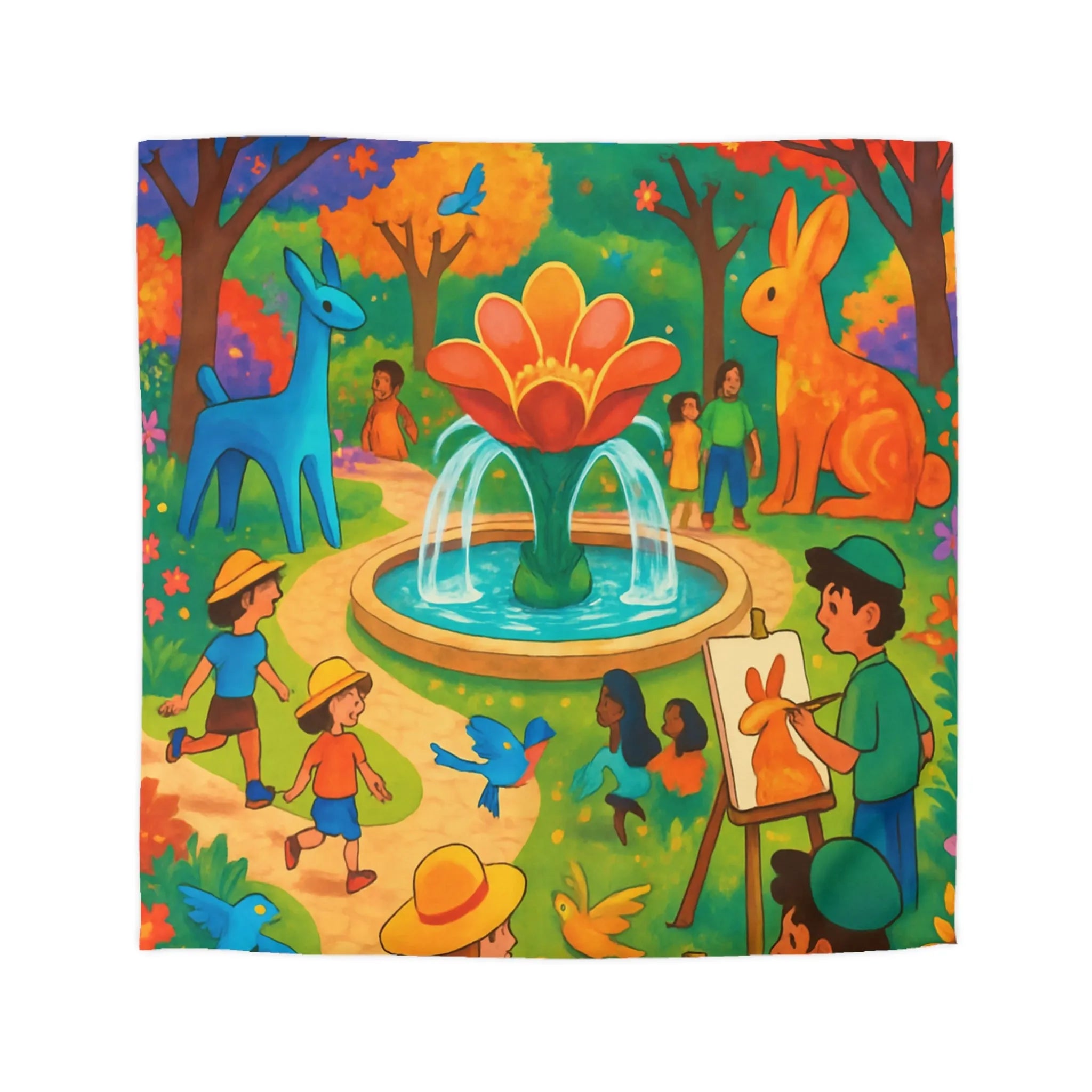 Housse de couette colorée avec animaux fantastiques, enfants et fontaine au parc artistique