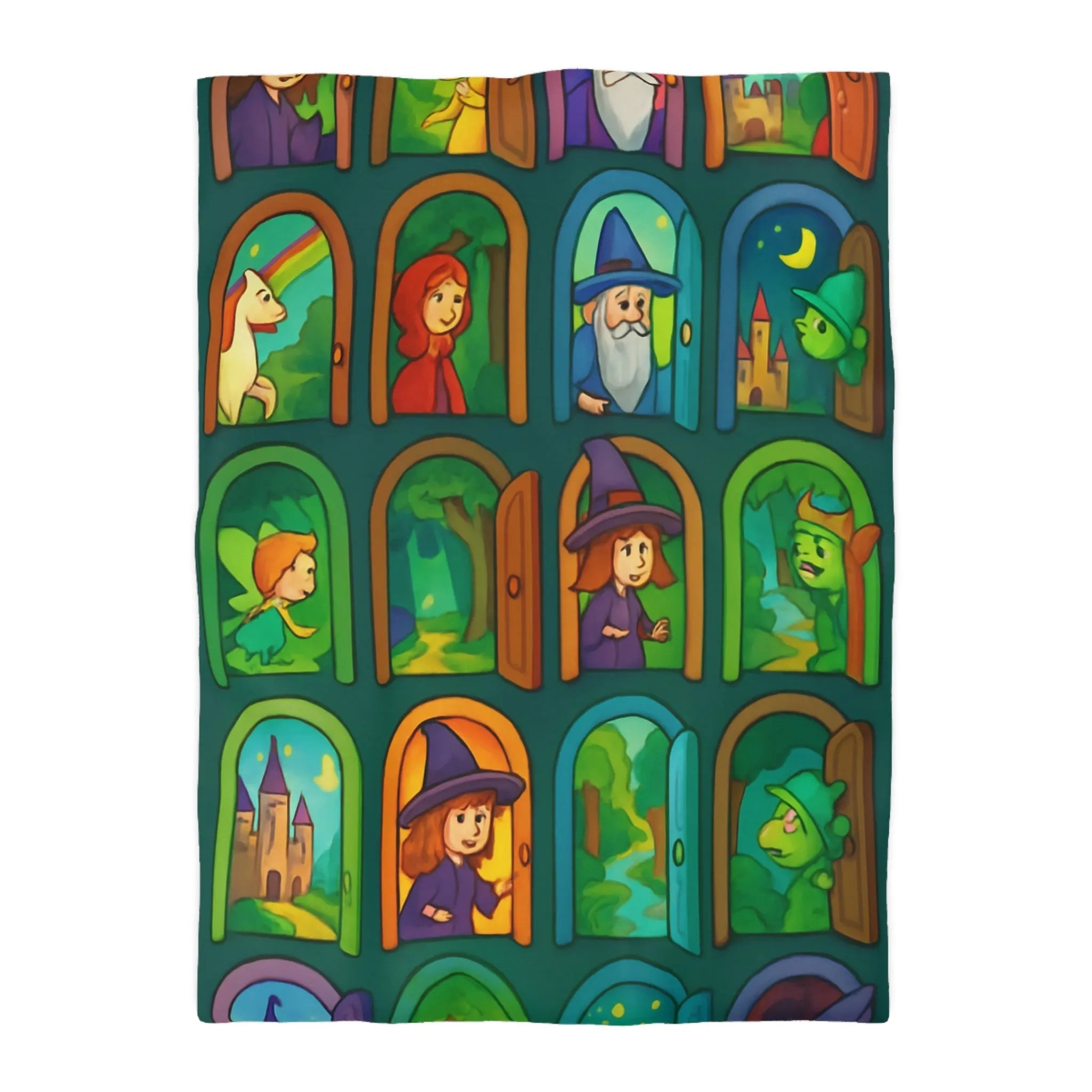 Enchantement magique avec motifs de sorcières, chevaux, et châteaux sur housse de couette