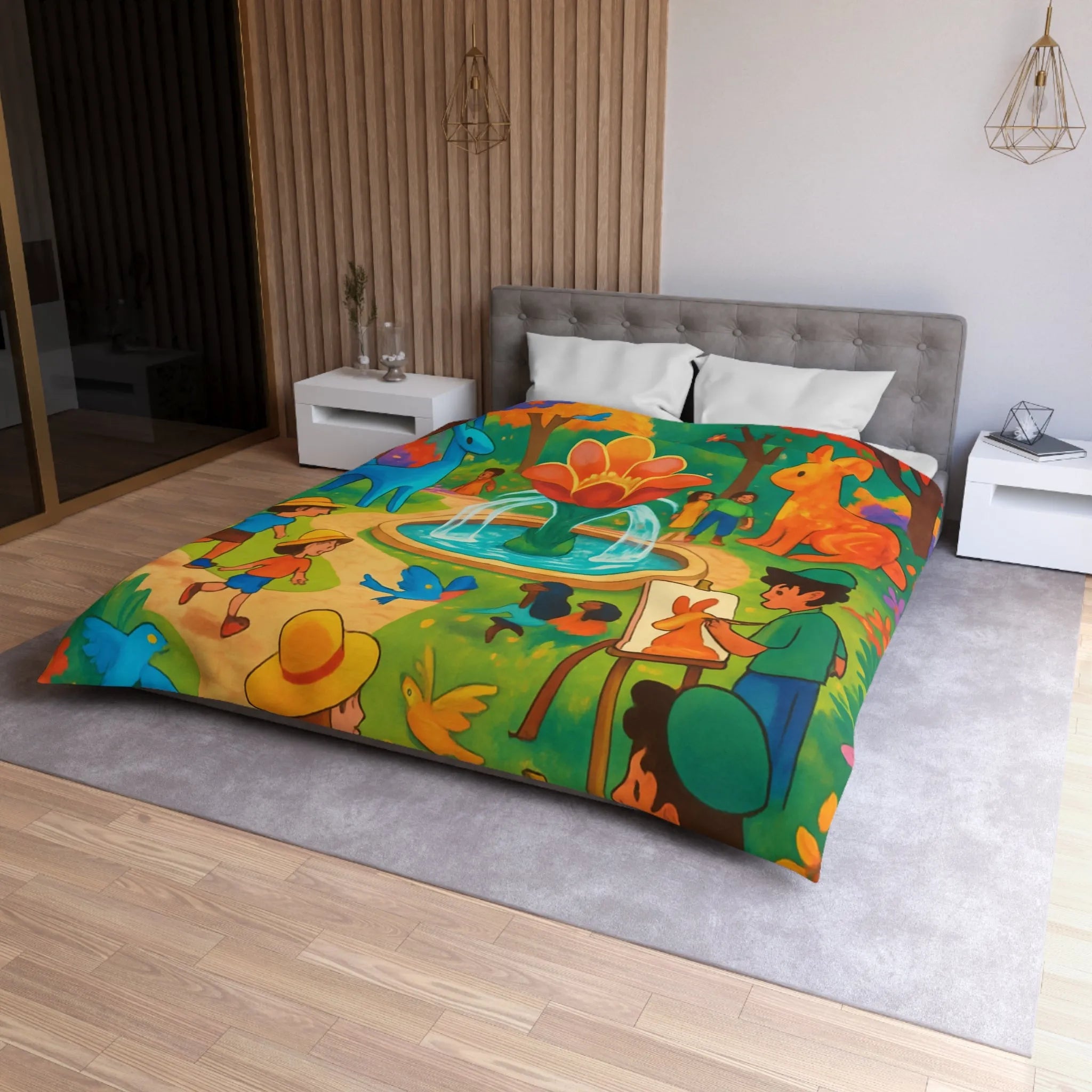 Housse de couette colorée avec animaux fantastiques, enfants et fontaine au parc artistique