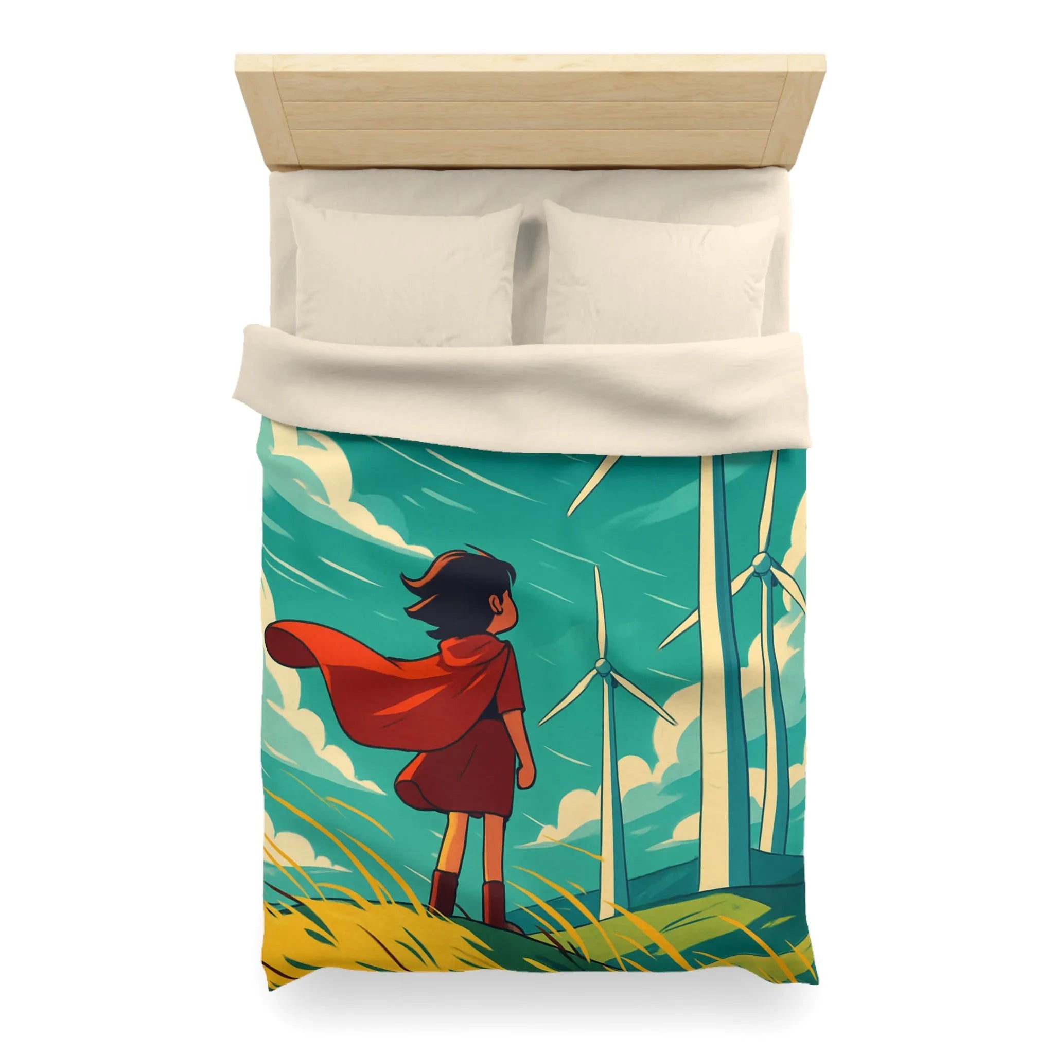 Housse de Couette Enfant avec Éoliennes et Paysage Venté Rouge et Bleu