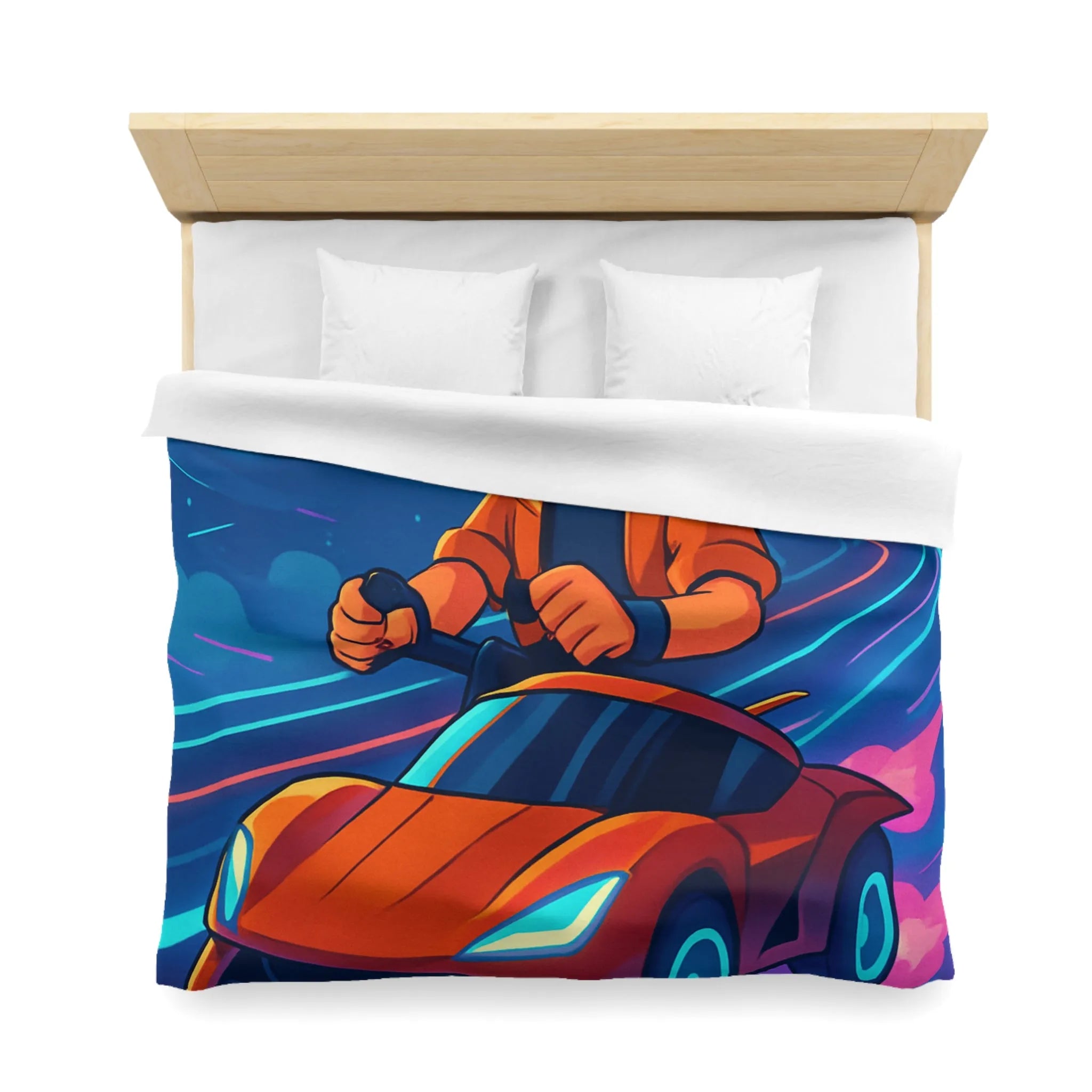 Housse de couette aventure virtuelle : joueur futuriste avec voiture de course dynamique et colorée