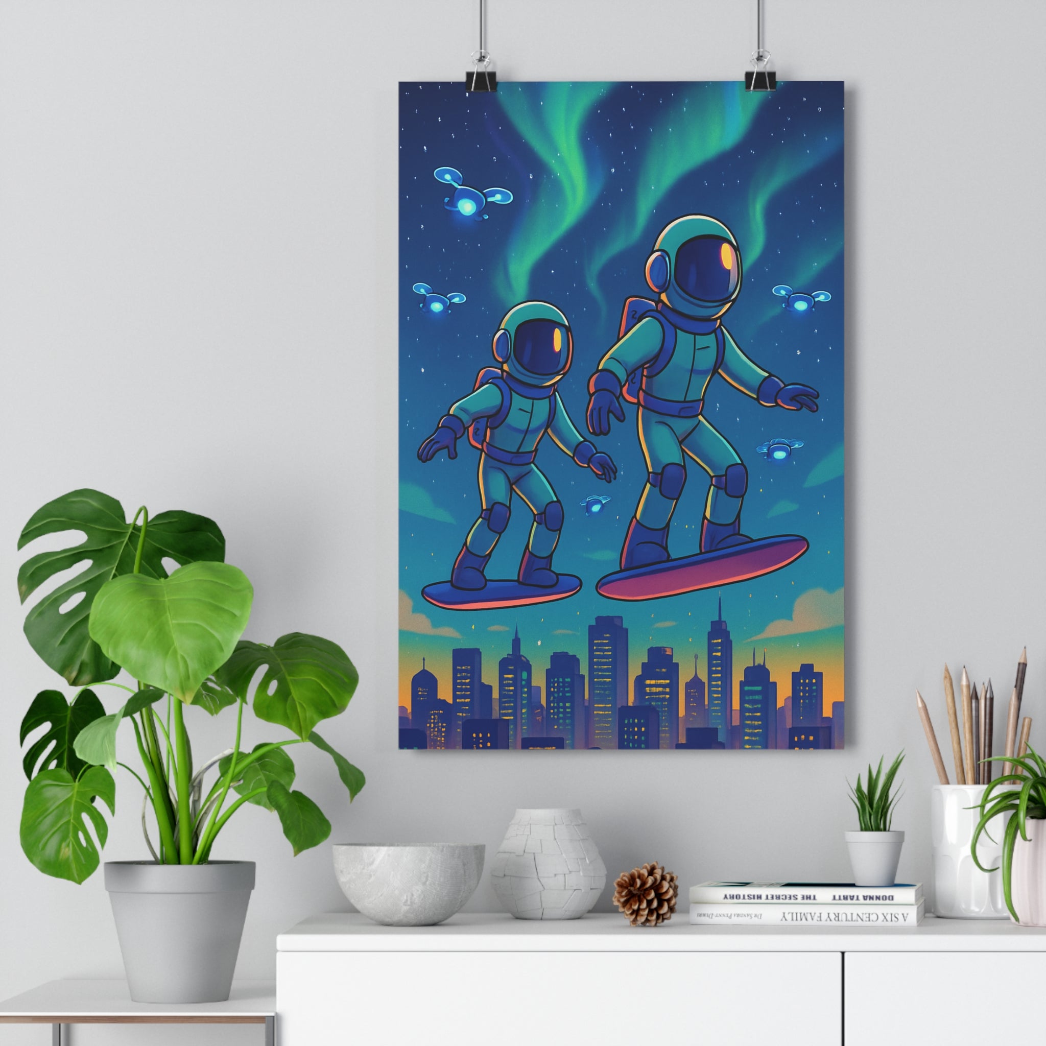 Poster décoratif futuriste aventure astronautes hoverboards bleu vert lumineux mystique bureau chambre 30x46 cm