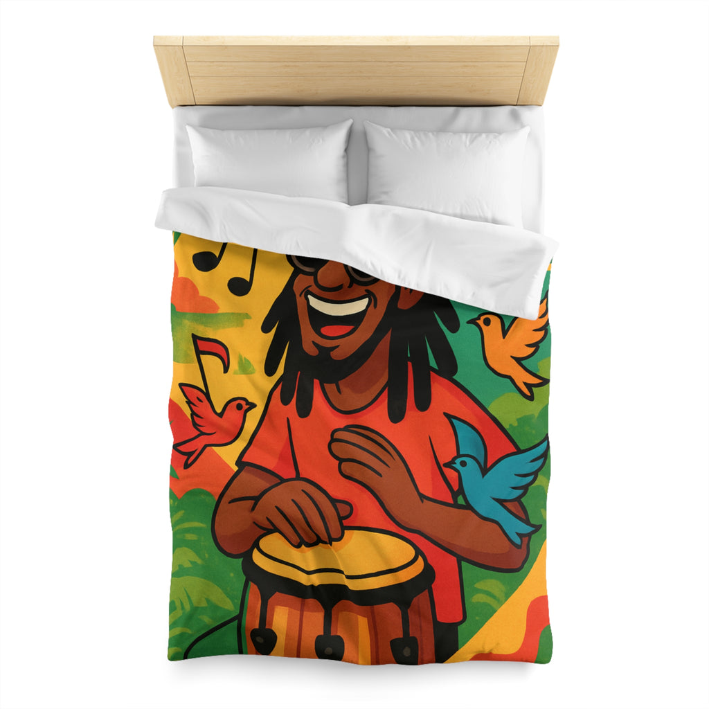 Housse de couette vibrante arc-en-ciel reggae avec tambour, palmiers et oiseaux colorés