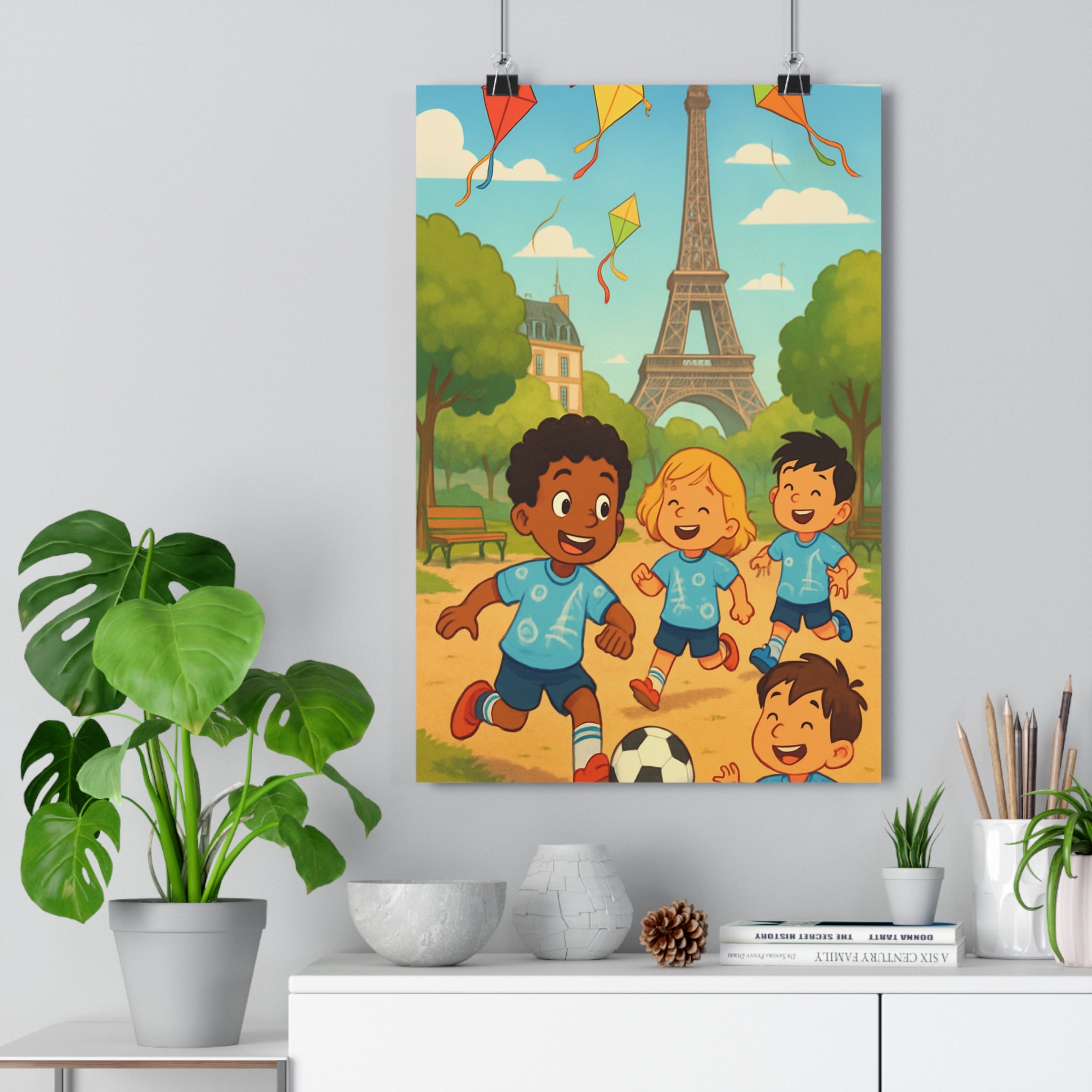 Poster décoratif cartoon enfant joyeux bleu pastel chambre rêveur football tour parc nuages qualité