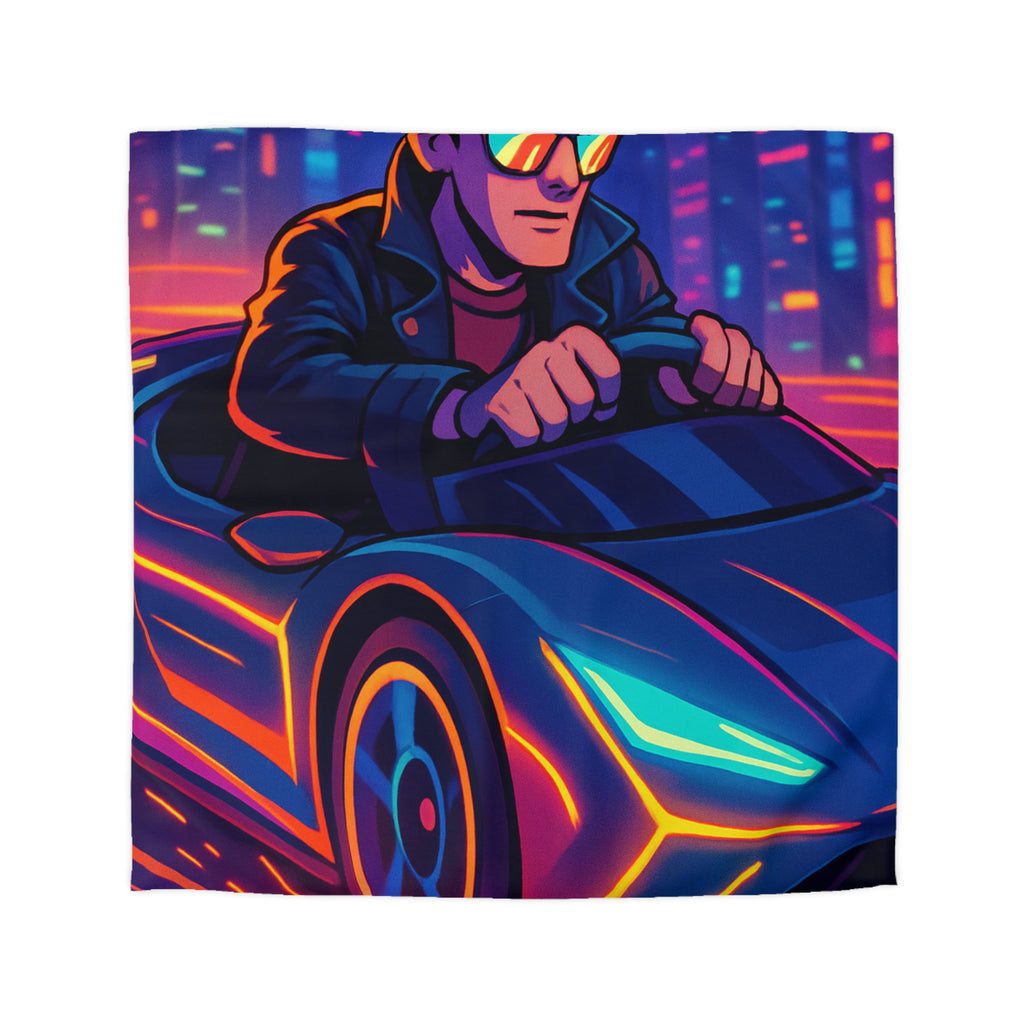 Housse de couette urbaine rétro futuriste avec néons et voiture sportive élégante
